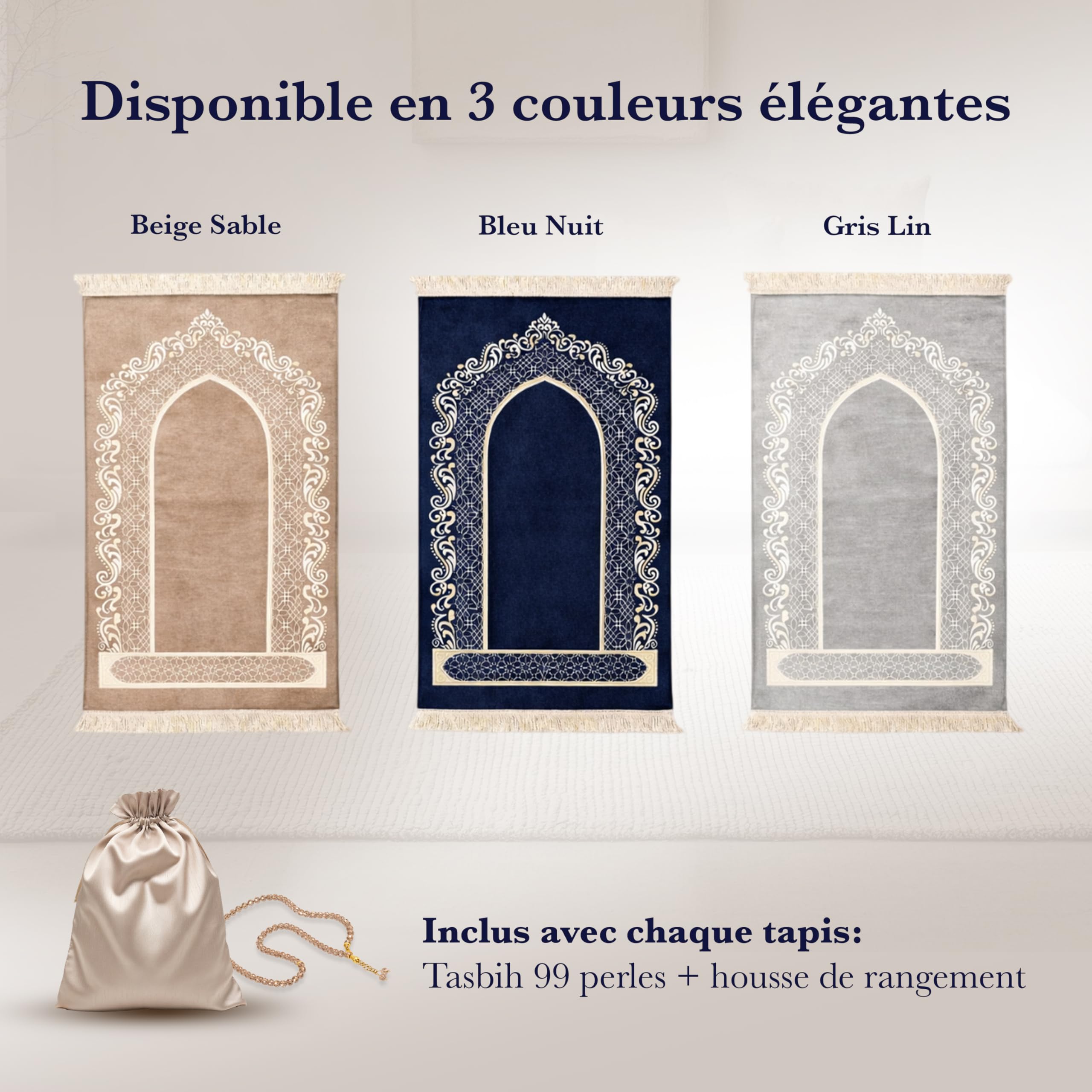 Tapis de Prière Musulman 130 x 70 cm – Velours Doux, Motifs Brodés, Épaisseur 0,4 cm, Tapis Prière Islam Élégant avec Tasbih et Housse (Bleu Nuit)