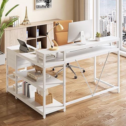 Miniatura 2 de LITTLE TREE Escritorio de computadora en forma de L de 55 pulgadas, escritorio reversible para computadora con cajones y estantes de almacenamiento,