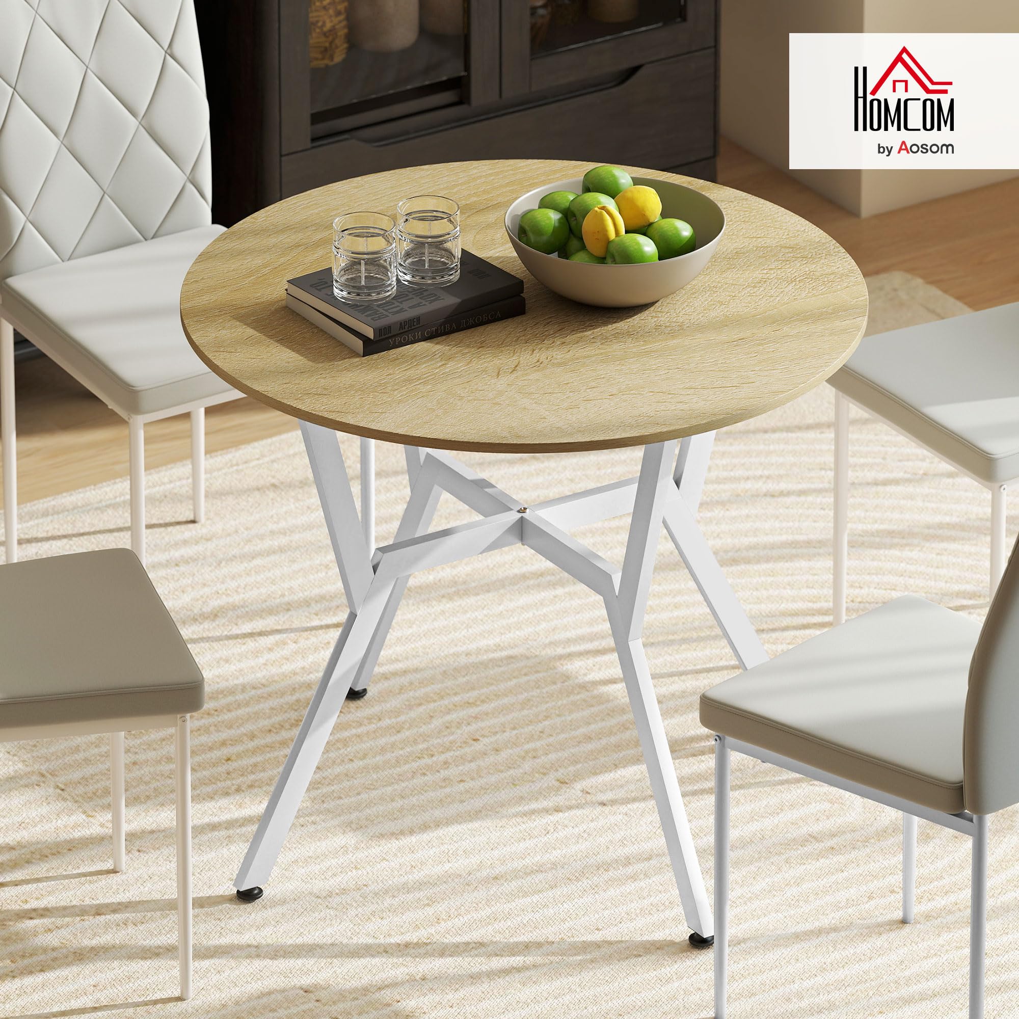 HOMCOM Mesa de Comedor Redonda para 2-4 Personas, Mesa de Cocina Industrial, Patas Curvadas de Acero, para Salón, 90x90x76 cm, Natural y Blanco