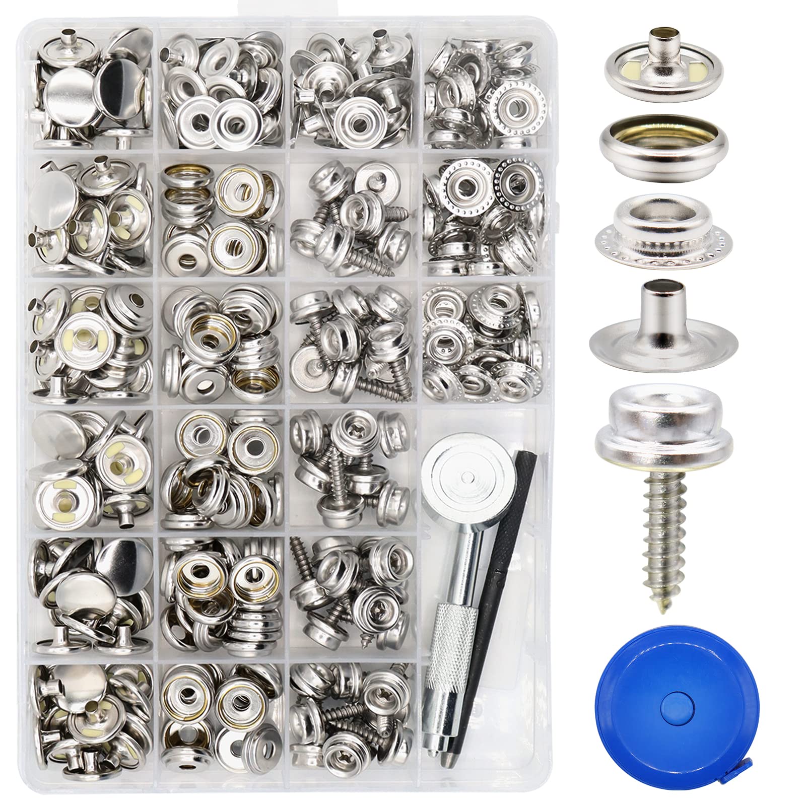 323 Piece Marine Canvas Snap Button Kit, Stainless Steel Snaps Fasteners (Caps, Sockets, Screws, Fabric Base Components) for DIY Cover, Snap Fasteners kit with Material Hole Punch and Setting Tools