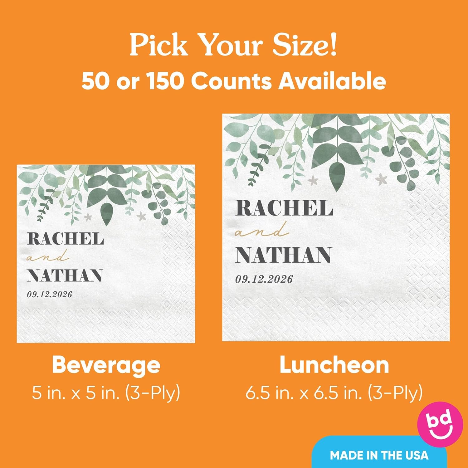 Big Dot of Happiness Personalized Boho Botanical Bride Party Napkins, Custom Greenery Wedding or Bridal Shower Decor, White 3-Ply Paper Beverage Napkins - 150 Count
