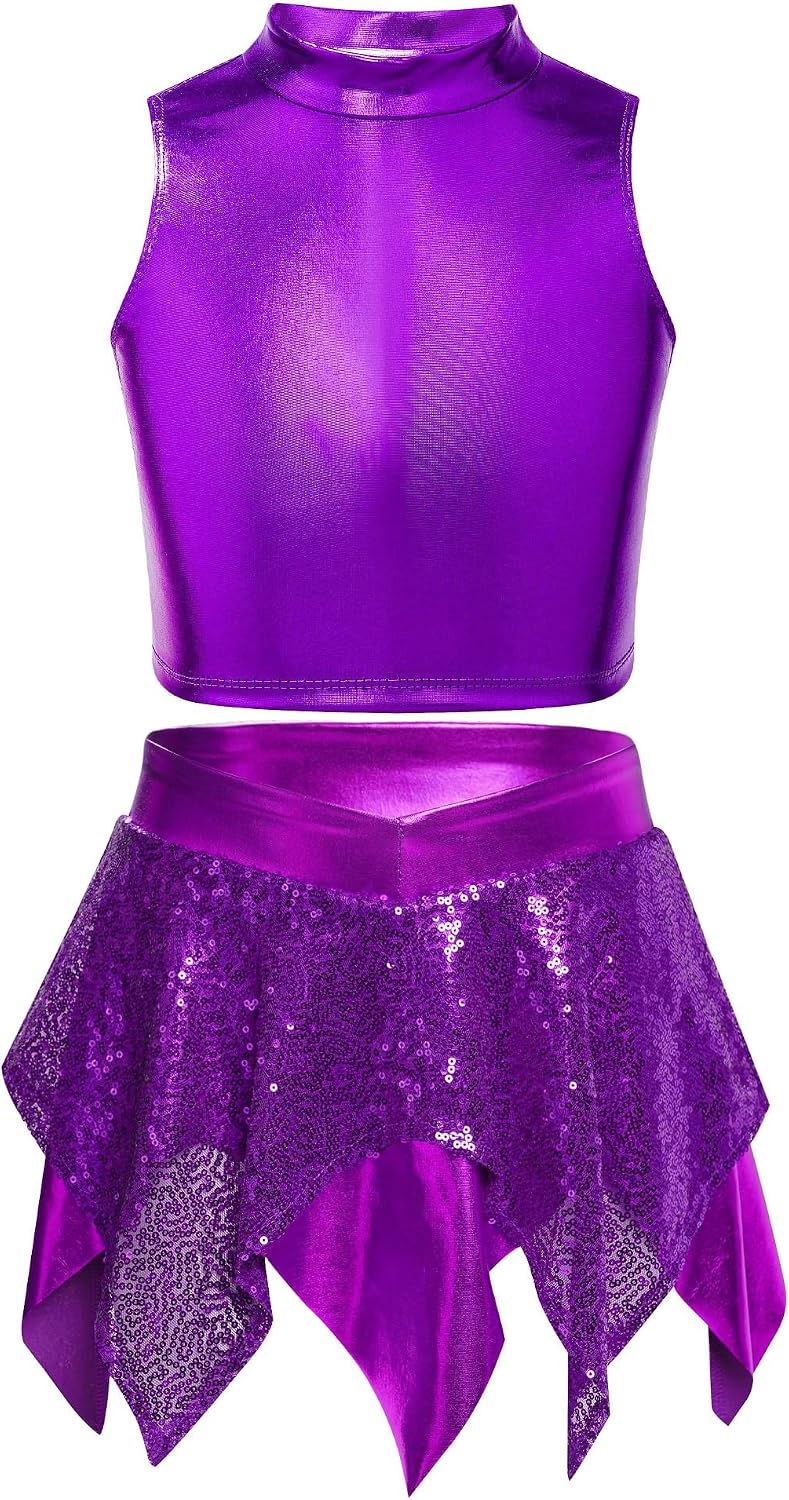 Girls 2 Piece Shiny Jazz Disco Dance Skirts and Top Set | Metallic Hip Hop Dance Skirt Sets,Cheer Outfit,Metallic Crop Tops with Flared Skirts Sets for Stage Performance