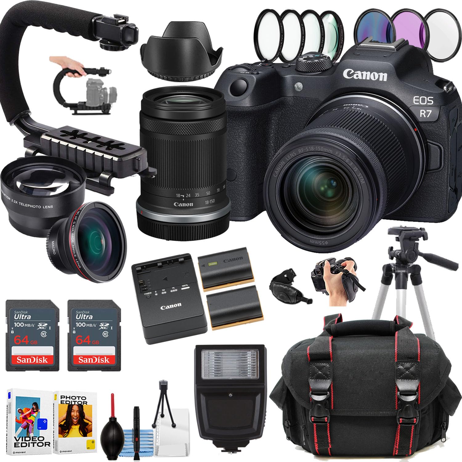Canon EOS R7 Mirrorless Camera w/18-150mm Lens + 2pc Sandisk 64GB Ultra Memory Card + Camera case + More (21pc Bundle) (Renewed)