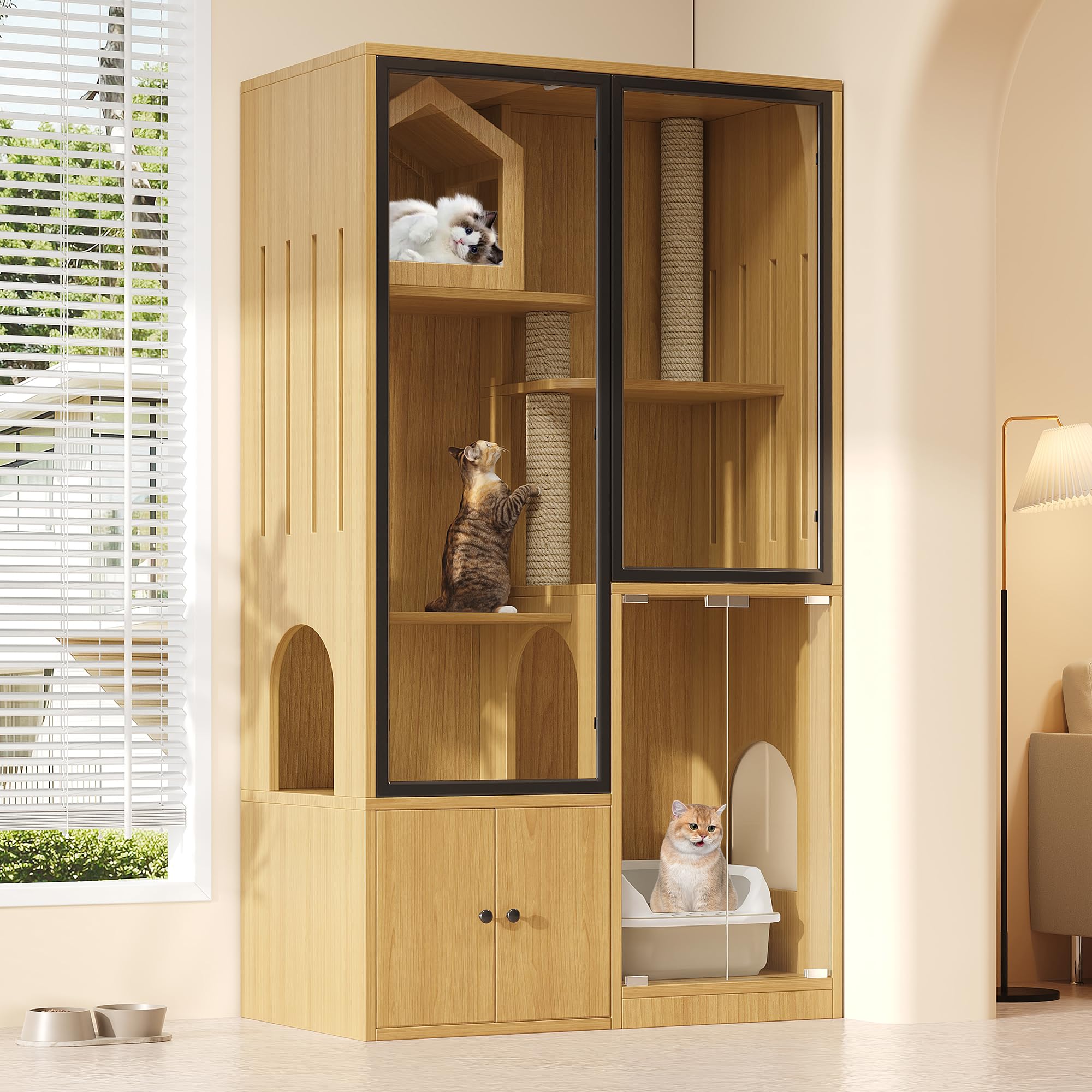 Grande casa per gatti in vetro a 4 piani - Villa per gatti in legno con tiragraffi, resistente alle intemperie e all'inverno - Per interni ed esterni - Colore legno di acero giallo - 90