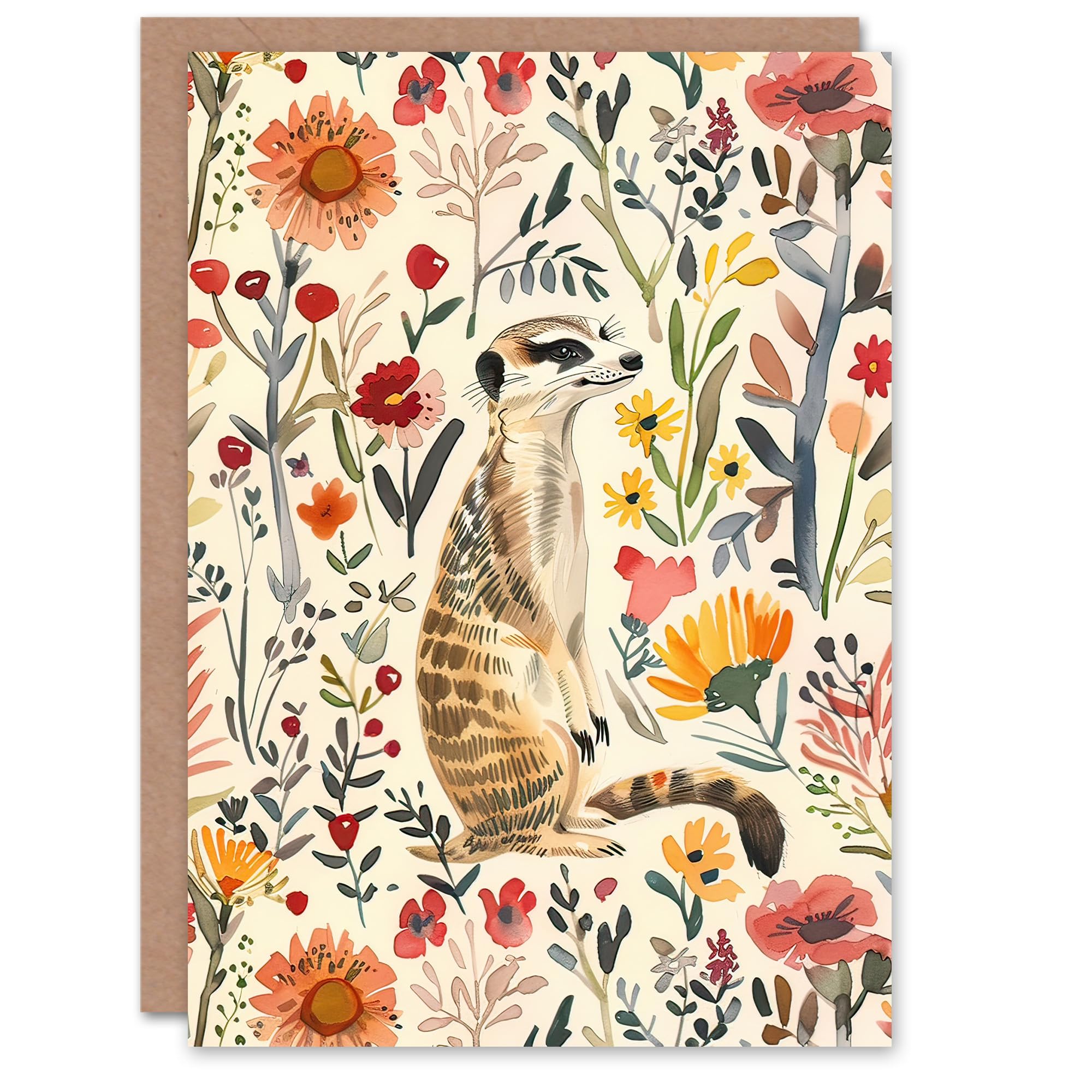 Artery8 Greeting Card Meerkat in Wild Flower Meadow Watercolour Spring For Her Woman Birthday Card