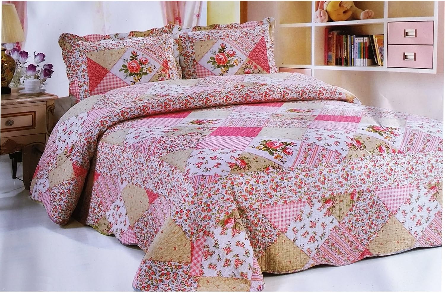 3 Piece Quilted Embroidered Patchwork Bedspread Throw Set