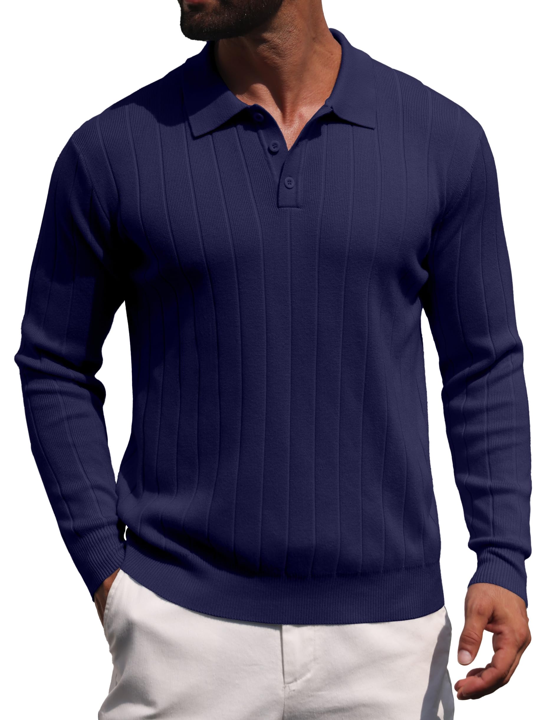Hisir Polo da uomo a maniche lunghe invernali in maglia, vestibilità regolare, casual, classico, a righe verticali