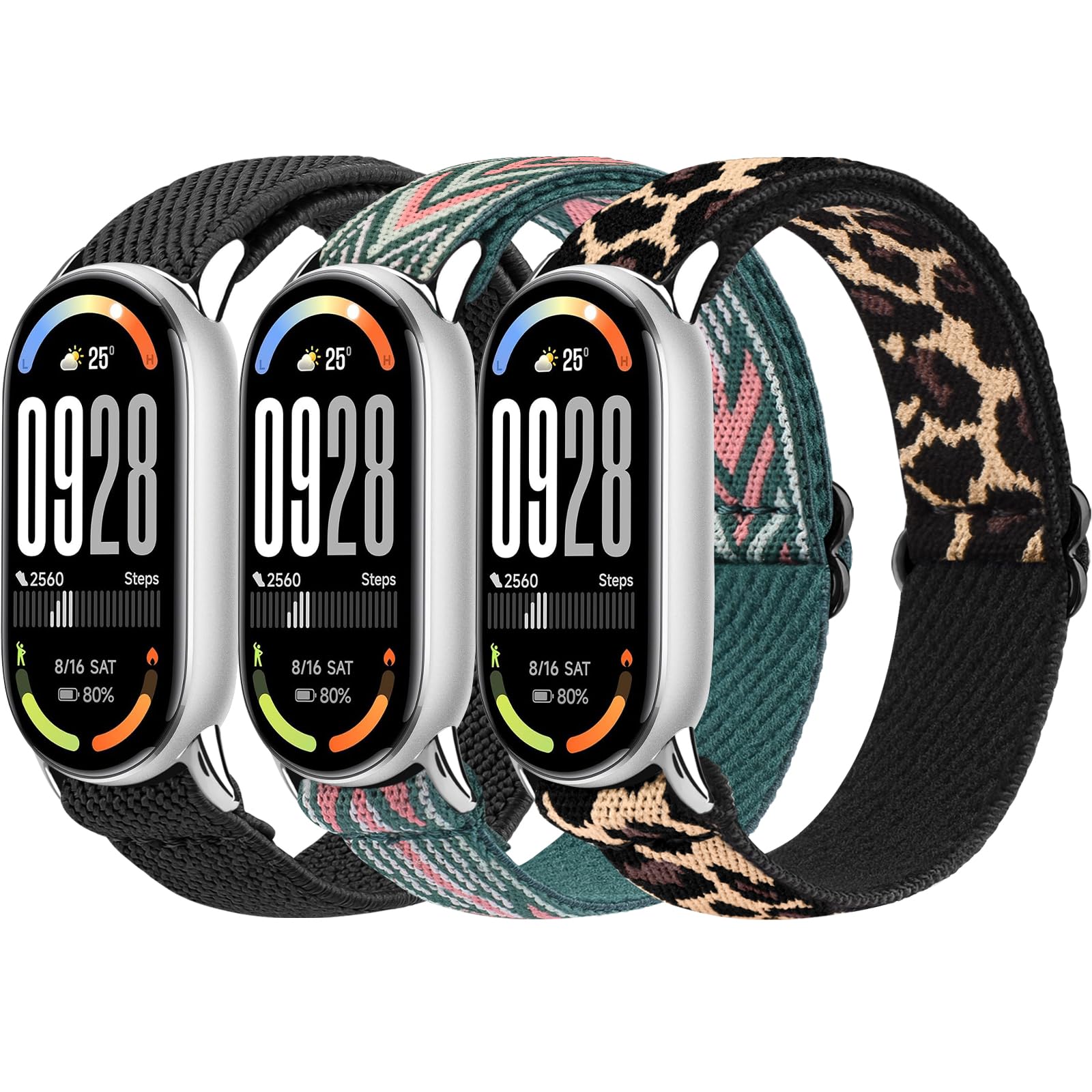 Oumida Pack of 3 Elastic Wristbands for Xiaomi Smart Band 8/9/10 Bracelets Women Men, Robust Metal Head, Improved Nylon Watch Strap, Sports Replacement Strap for Xiaomi Mi Band 10/9/8