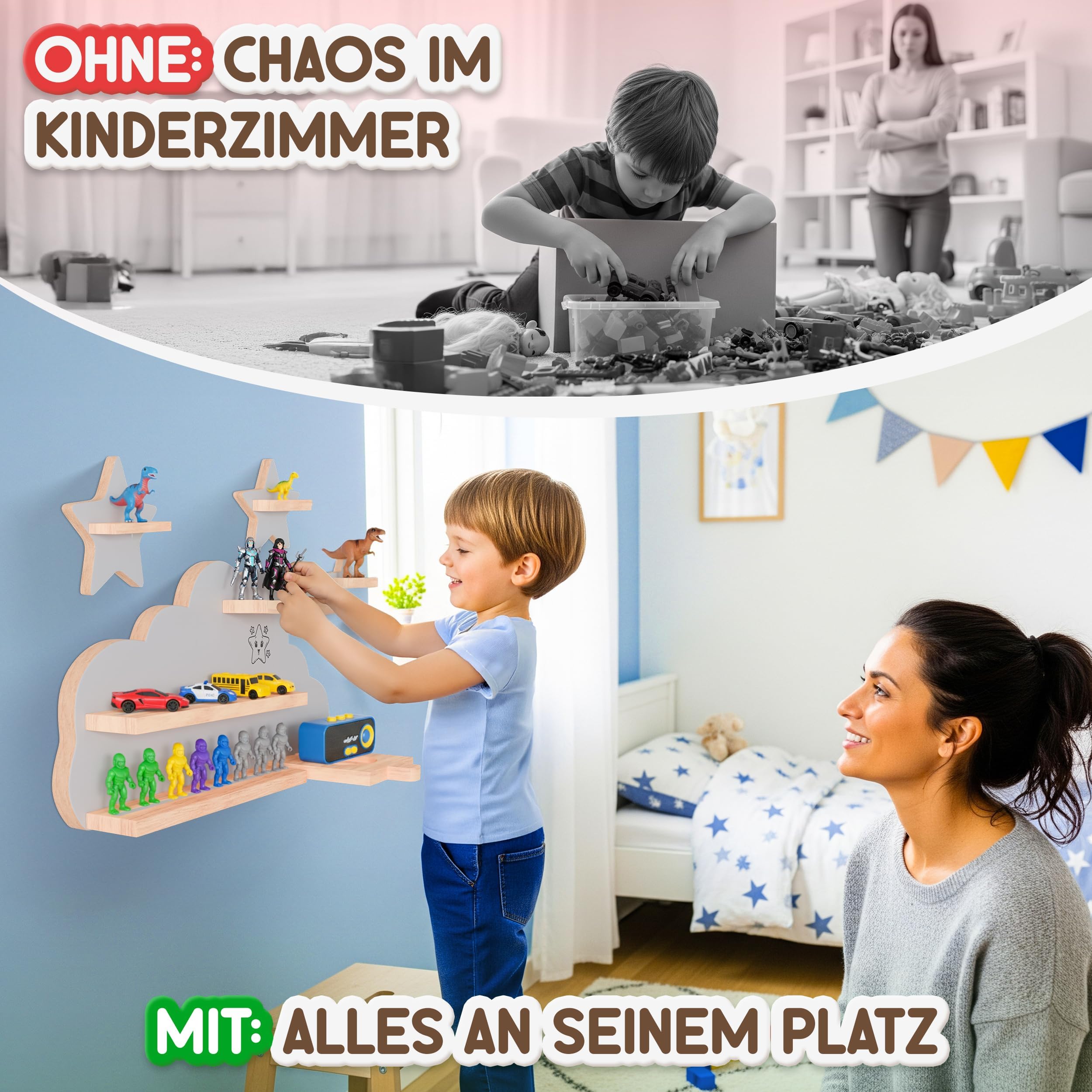 Twinklertoy’s Hörbox Wandregal aus Holz – mit magnetischer Halterung & zusätzlichen Sternen – für 30–37 Hörfiguren – Regal in Wolkenform fürs Kinderzimmer – kompatibel für Toniebox & Figuren