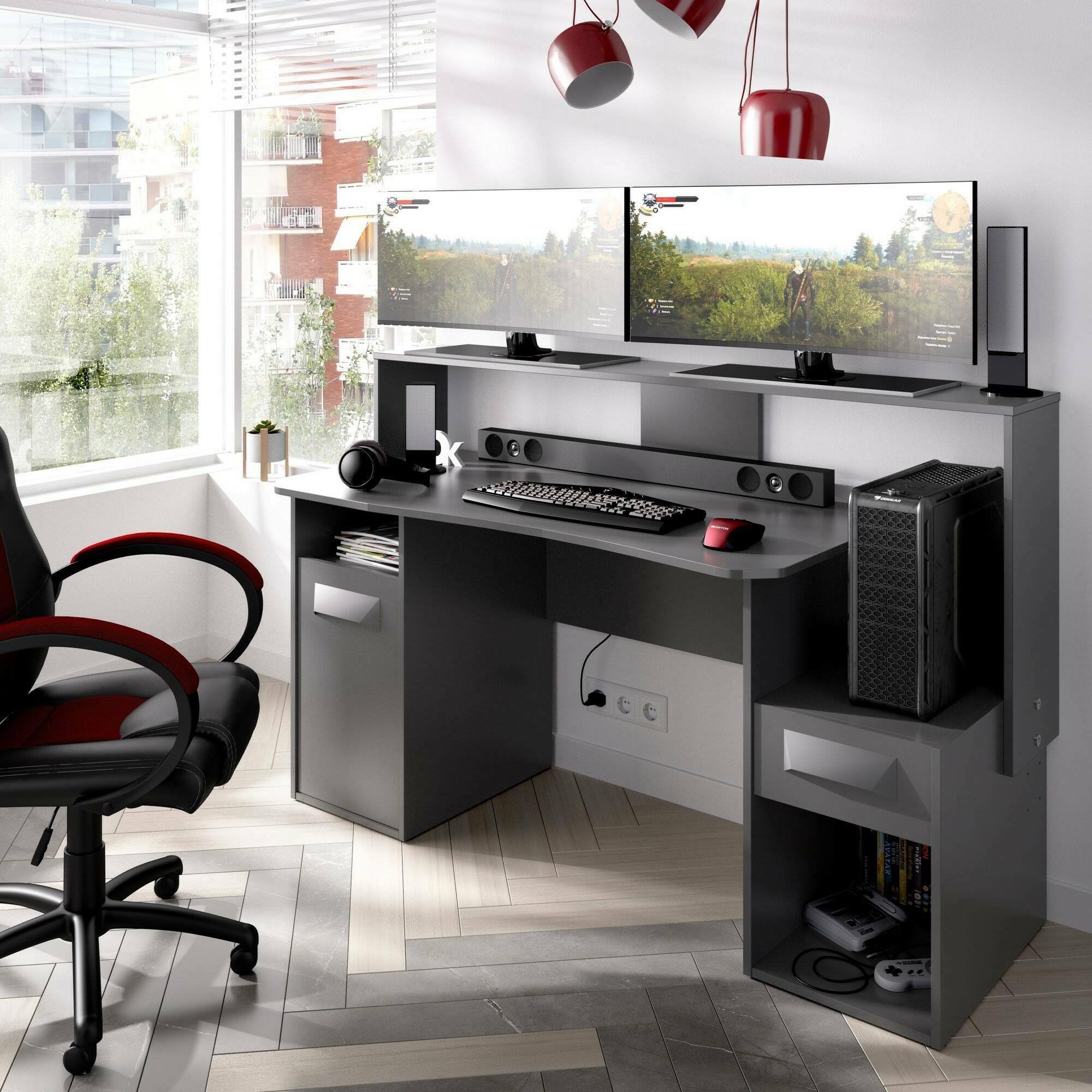 Dmora - Scrivania Manos, Scrittoio multifunzione moderno da gaming, Tavolo da studio porta PC e porta CD, 154x69h98 cm, Antracite, senza luci LED