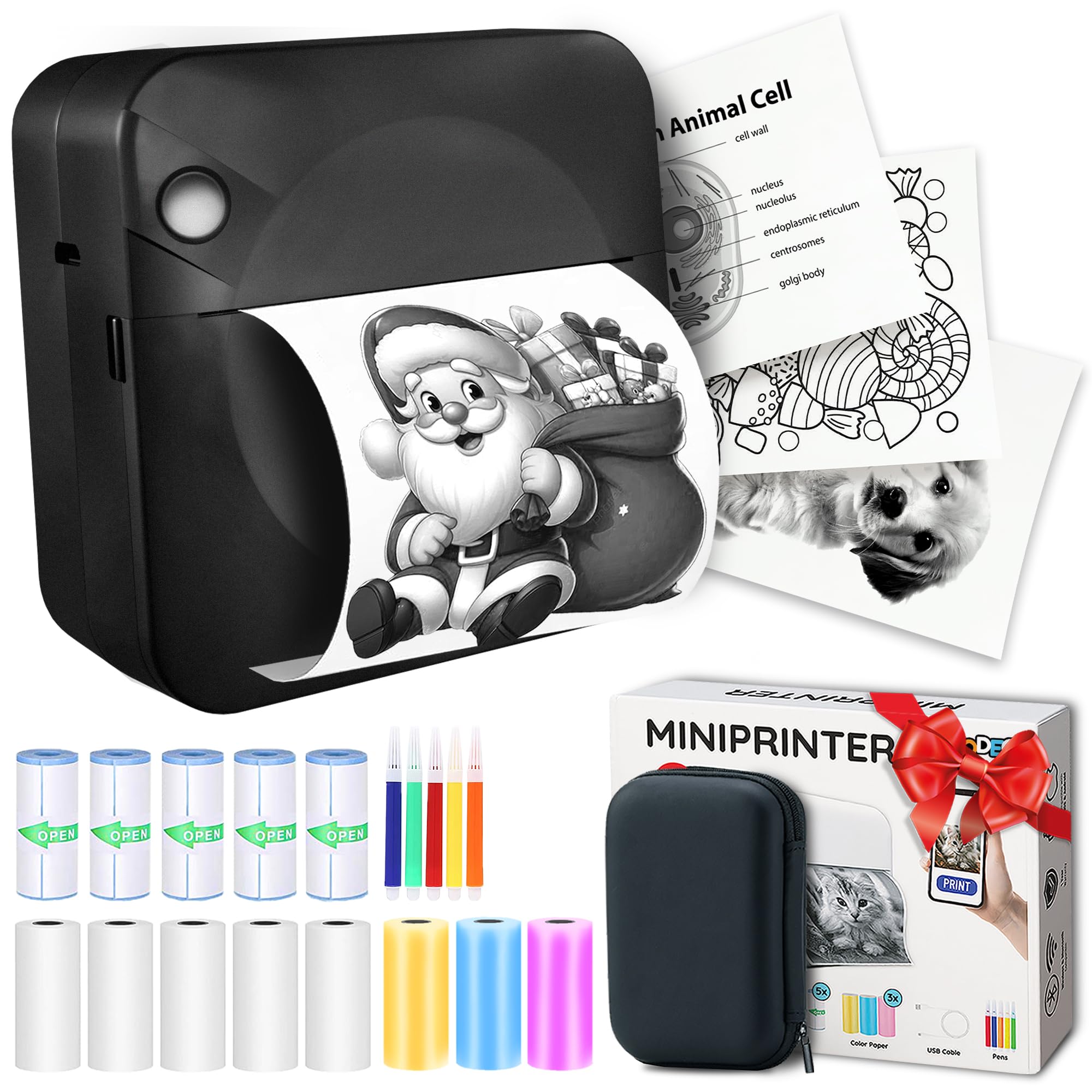 AgoDeo Mini stampante per smartphone – Mini Printer – Include 1 custodia rigida + 13 rotoli (adesivi, normali e colori) + 5 penne – stampante adesiva per studio, note, immagini, foto, diari (Nero)
