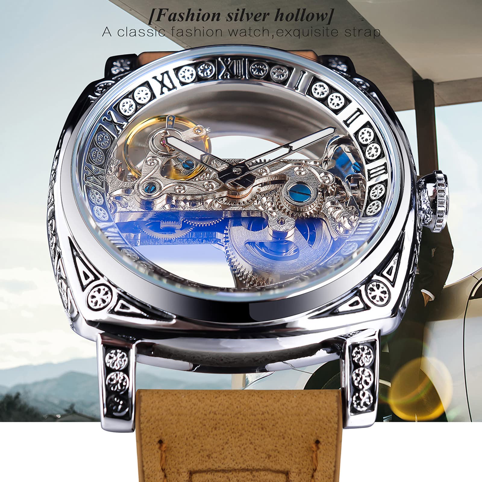 Herren-Armbanduhr, klassisch, modisch, transparent, quadratisches Zifferblatt, Skelett, mechanische Armbanduhr, Lederband, leger, Automatikuhren, leuchtend, wasserdicht