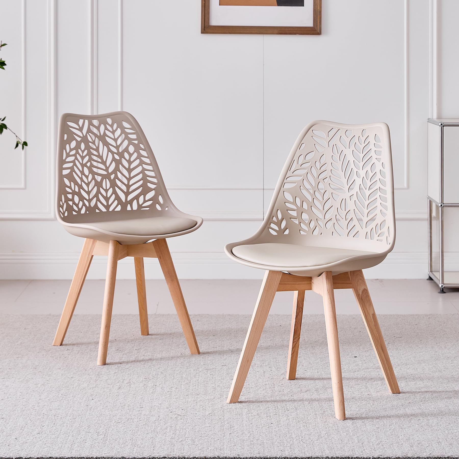 Juego de 8 sillas de Comedor Estilo nórdico, sillas de Cocina Modernas con Patas de Madera Maciza,Respaldo Abierto y tapizado en Piel sintética para comedores, cocinas,Caqui
