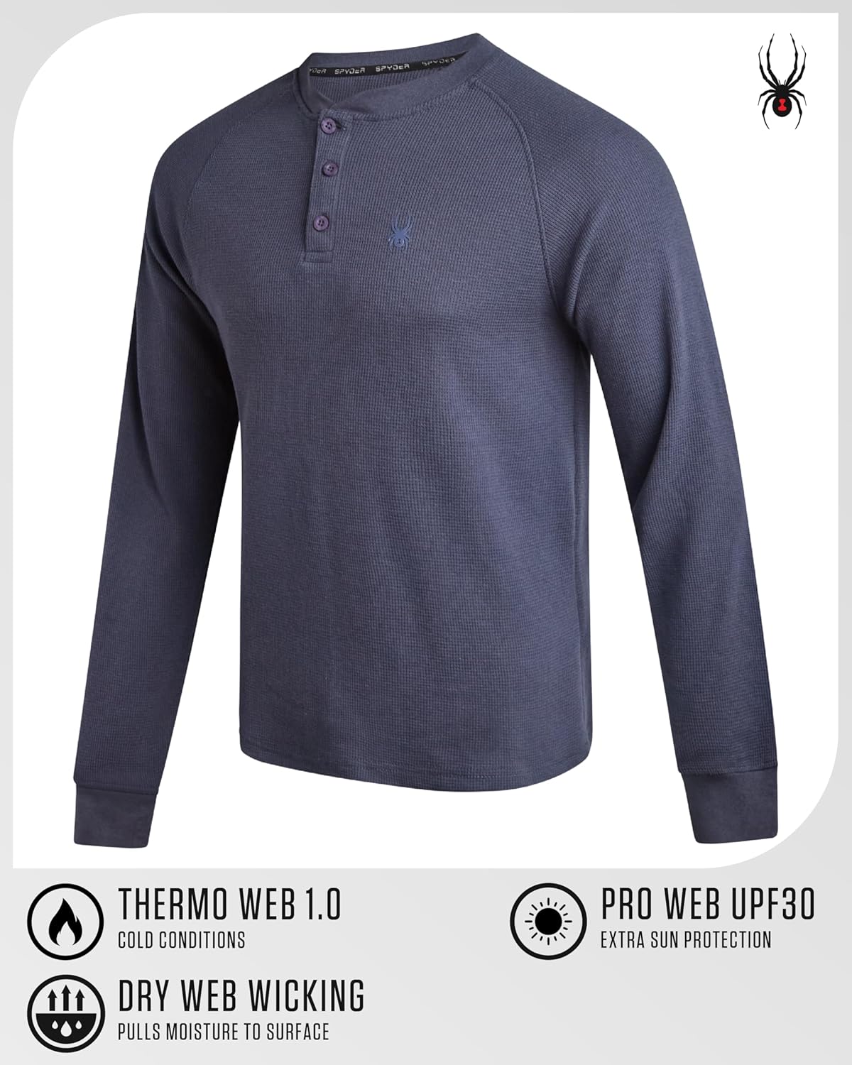 Spyder Mens Long Sleeve Shirt - Soft & Breathable Cotton-Blend UPF30+ Pullover Waffle Henley Shirts for Men - Image 2