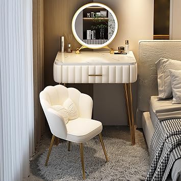 Vanity Desk with Mirror and Lights, with Cushioned Stool Modern Vanity Desk, with Storage Drawers, 3 Color Light Adjustable Brightness, Dressing Table for Princess Women GirlsWhite,60cm/23.6in