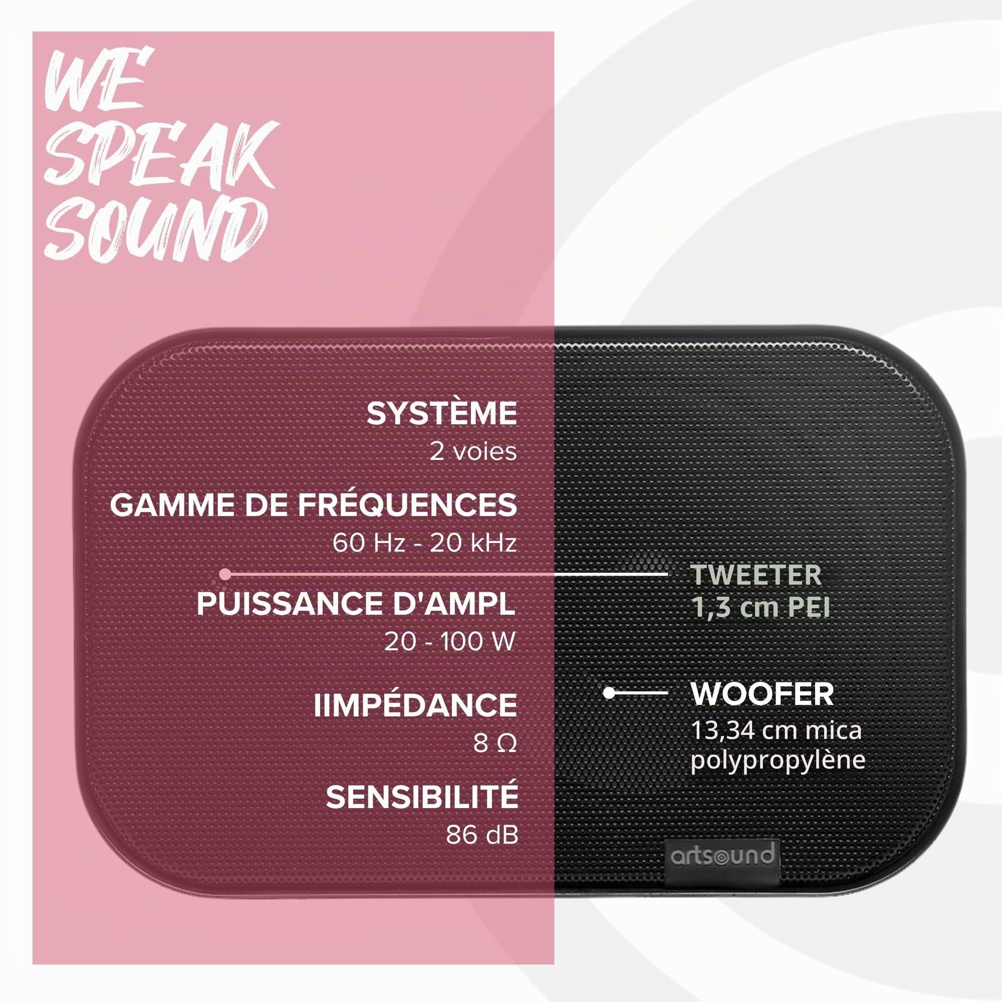 Artsound UNI40, Ensemble de 2 Enceintes passives, Enceinte HiFi 2 Voies, 20-100 Watts, Support Mural avec Articulation à rotule, Convient pour Les Grands espaces tels Que Cuisine, café, Magasin,