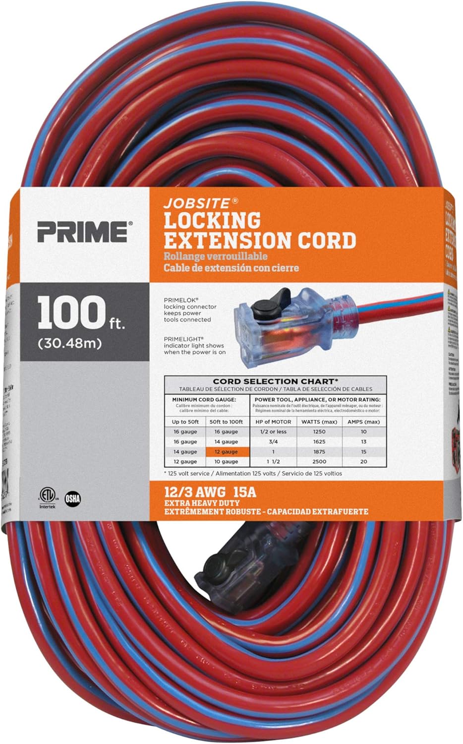 Prime KCPL507835 12/3 SJTW Locking Cord, Red and Blue, 100-Feet