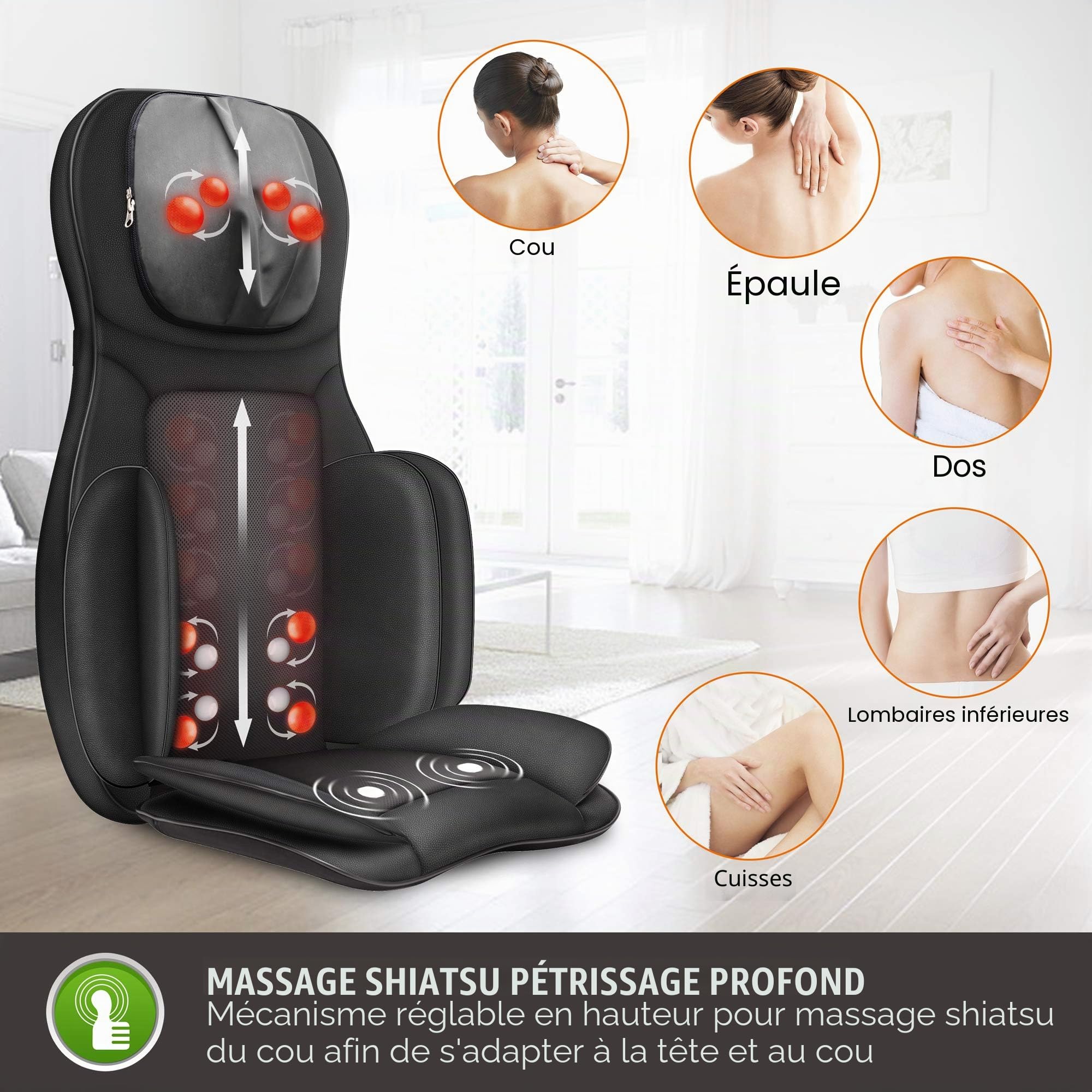 Snailax Siège Massage Shiatsu pour Dos & Cou - Masseur avec 8 Rouleaux et 3 Vibration Réglable, Fauteuil Massant Nuque/Lombaire avec Fonction Chauffage - Cadeau Homme Femme Noël