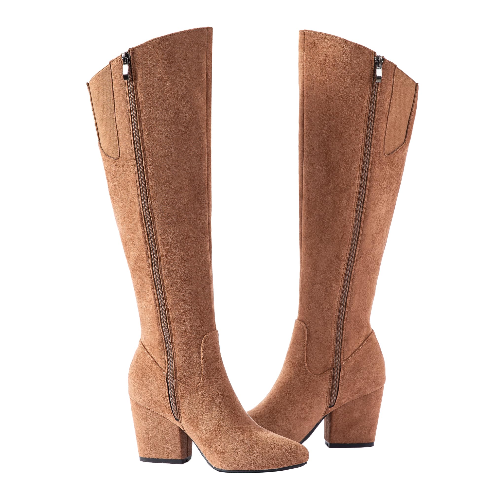 N N G Womens Knee High Boots Faux Suede Black Stone Brown 3 Inch Block Heel Pointed Toe
