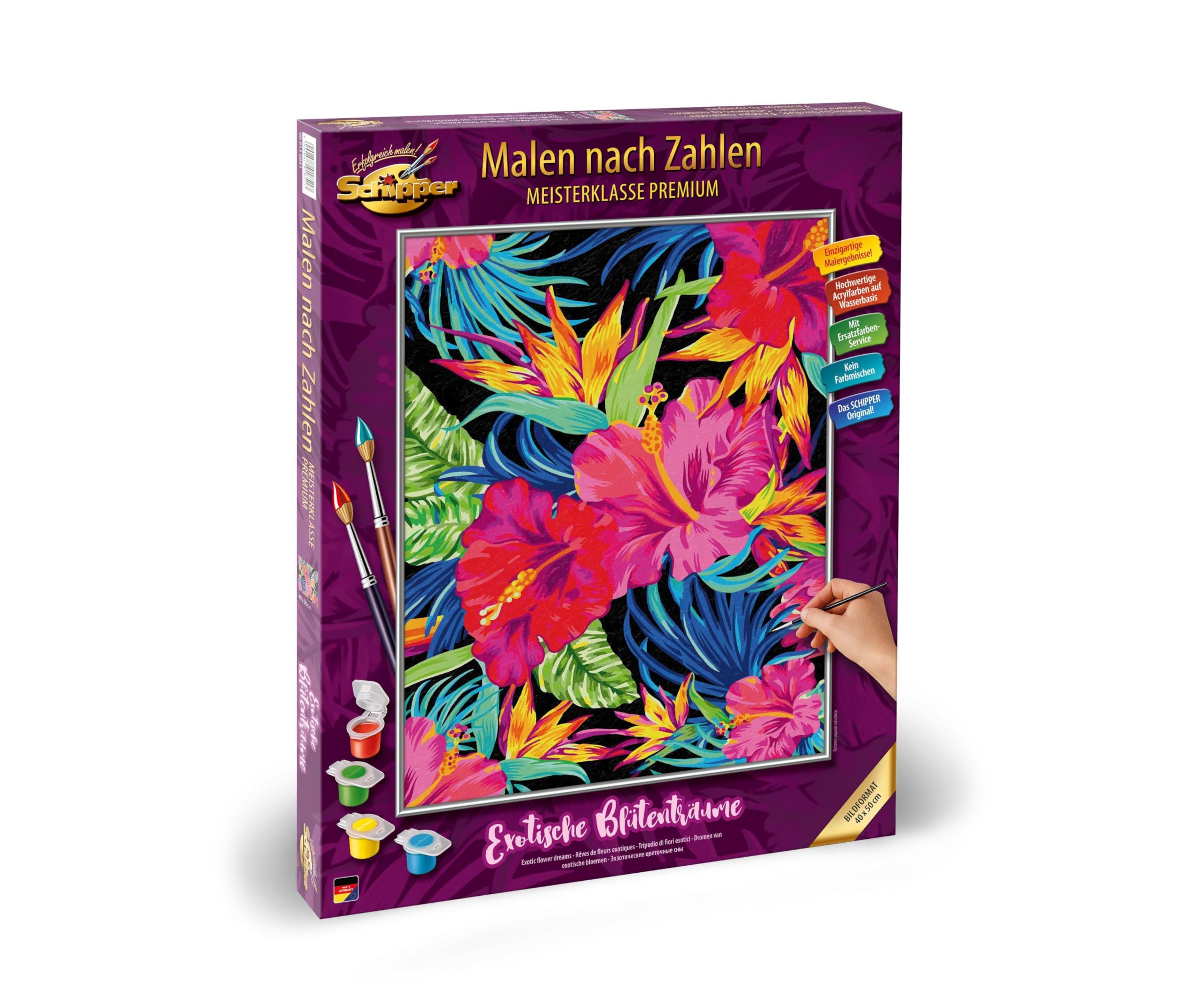 Schipper 609130851 Dipingere con i Numeri, spazi di Fiori esotici - Dipingere Immagini per Adulti, Inclusi pennelli e Colori acrilici, 40 x 50 cm