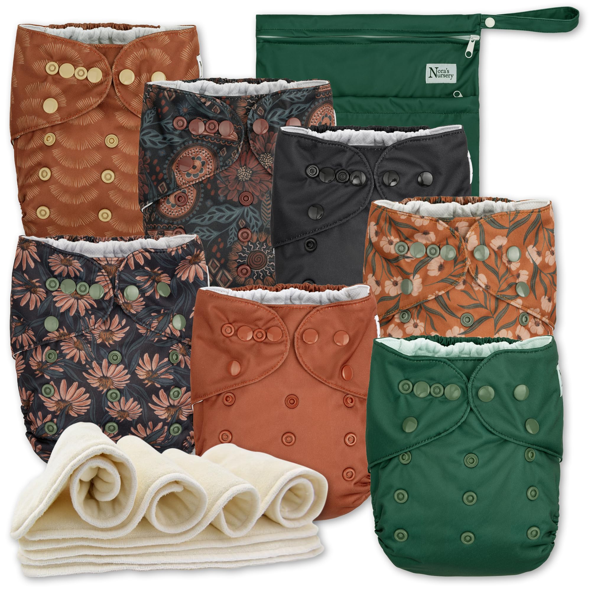 Nora's Nursery AWJ Cloth Diapers 7 Pack with 1 Wet Bag - Waterproof Cover, Washable, Reusable & One Size Adjustable Pocket Diapers for Newborns and