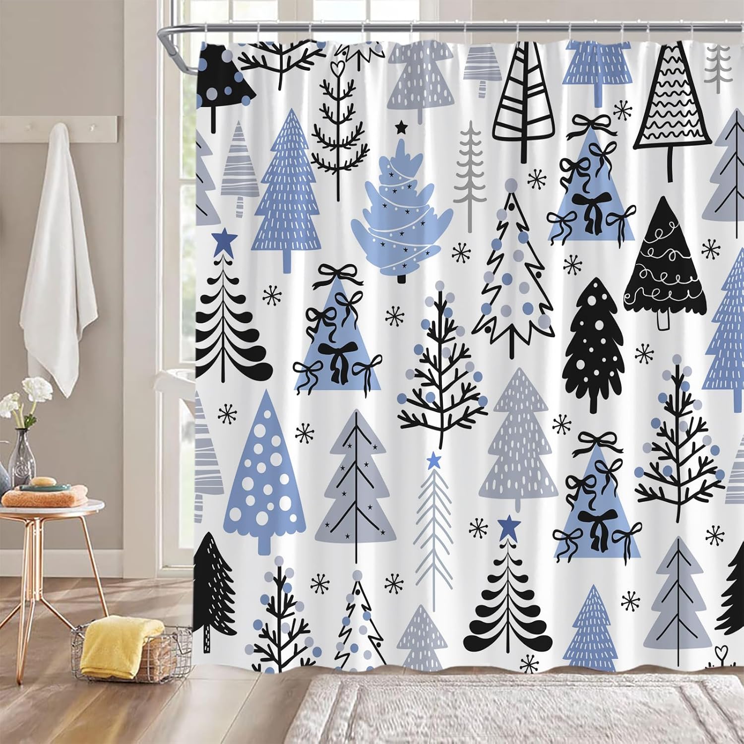 GCTNBJL Christmas Shower Curtain Xmas Tree Snowflake Winter Blue Black Gray Extra Long Bathroom Home Curtain with Hooks,70x84 Inch