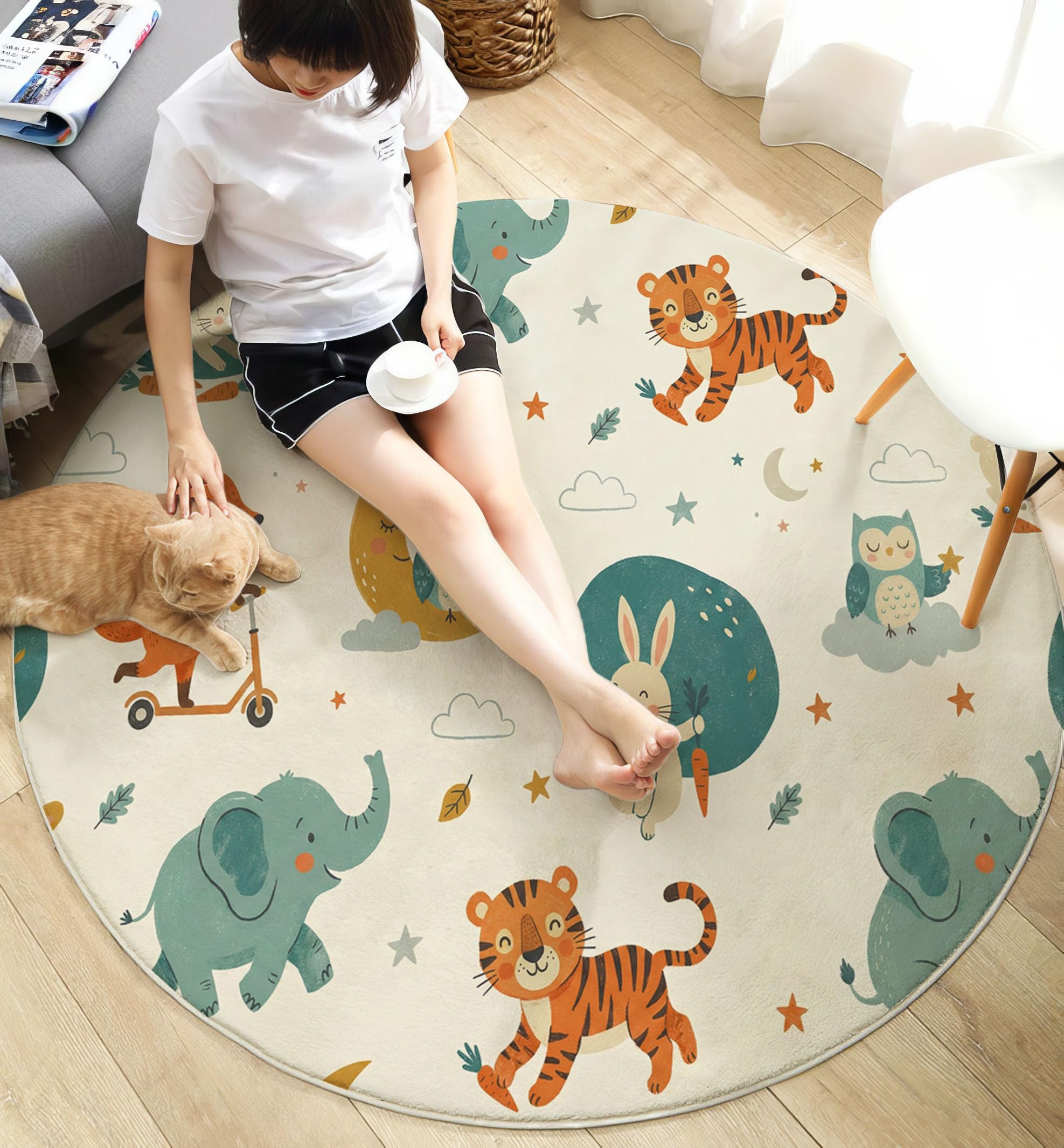 Tapis Chambre Enfant Rond Lapin, Éléphant, Lune - 120cm Antidérapant, Doux à Poils Courts Animaux Nocturnes De La Forêt Moquette Décoration pour la Chambre, Salle de Jeux, Blanc Cassé