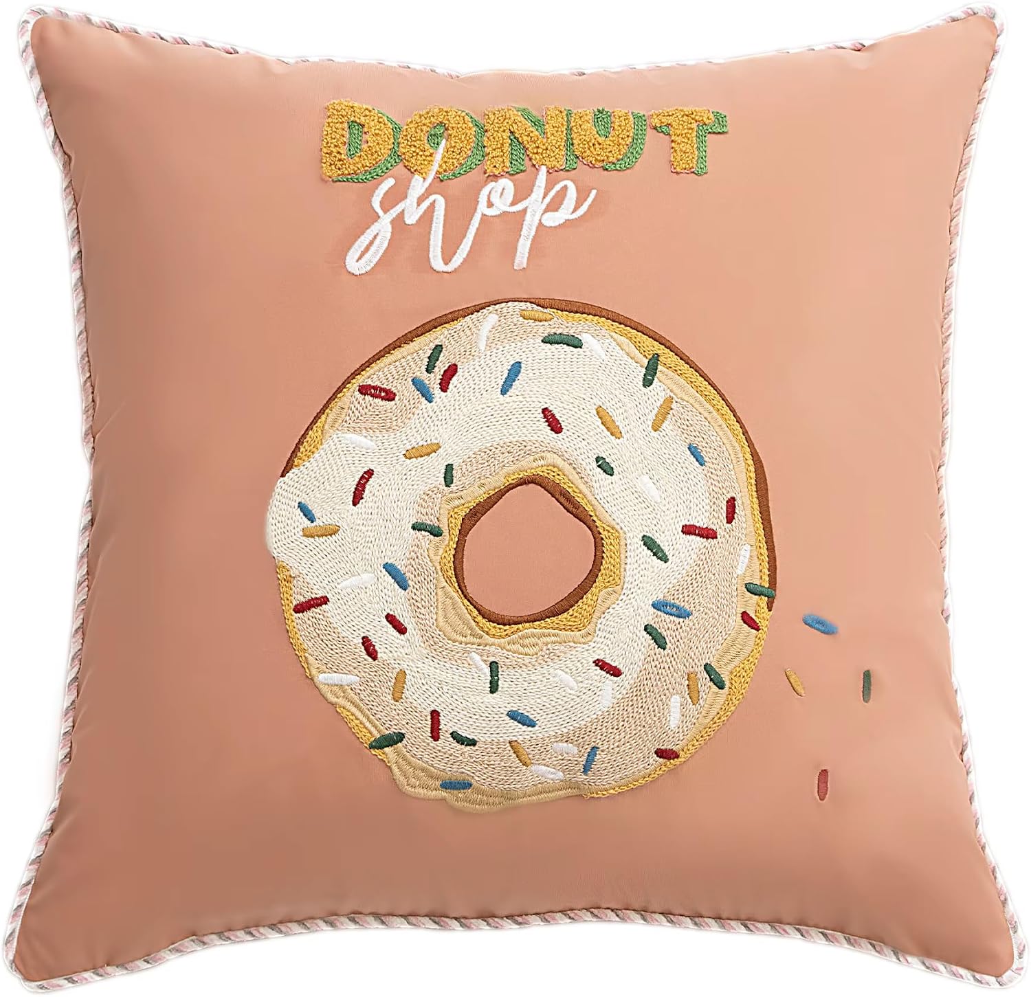Fennco Styles Cute Embroidered Donut Design Throw Pillow Cover Only - Pink 18" W x 18" L Novelty Cushion Case for Home, Couch, Sofa, Bedroom, Kids Room, Playroom and Office Décor