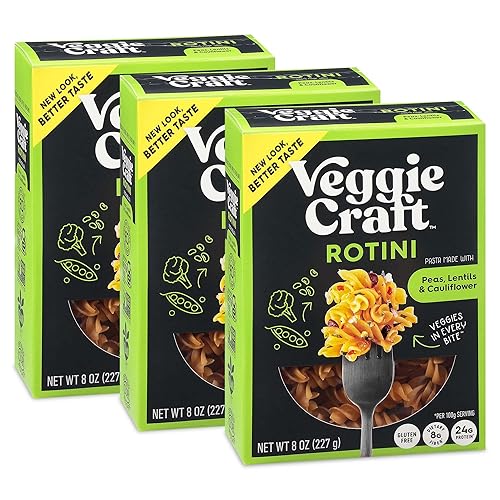 Veggiecraft Farms Rotini Pasta - Nueva receta mejorada - Pasta proteica, pasta de lentejas con coliflor y guisantes, fideos altos en proteínas, baja