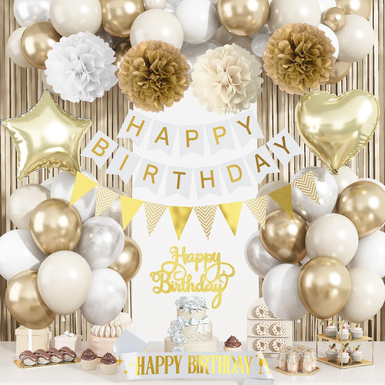 White Gold Birthday Decorations, Beige Gold Party Décor with Foil & Latex Balloons Sash Fringe Curtains Happy Birthday Banner Cake Topper Paper Pompoms Party Decor for Women Girl