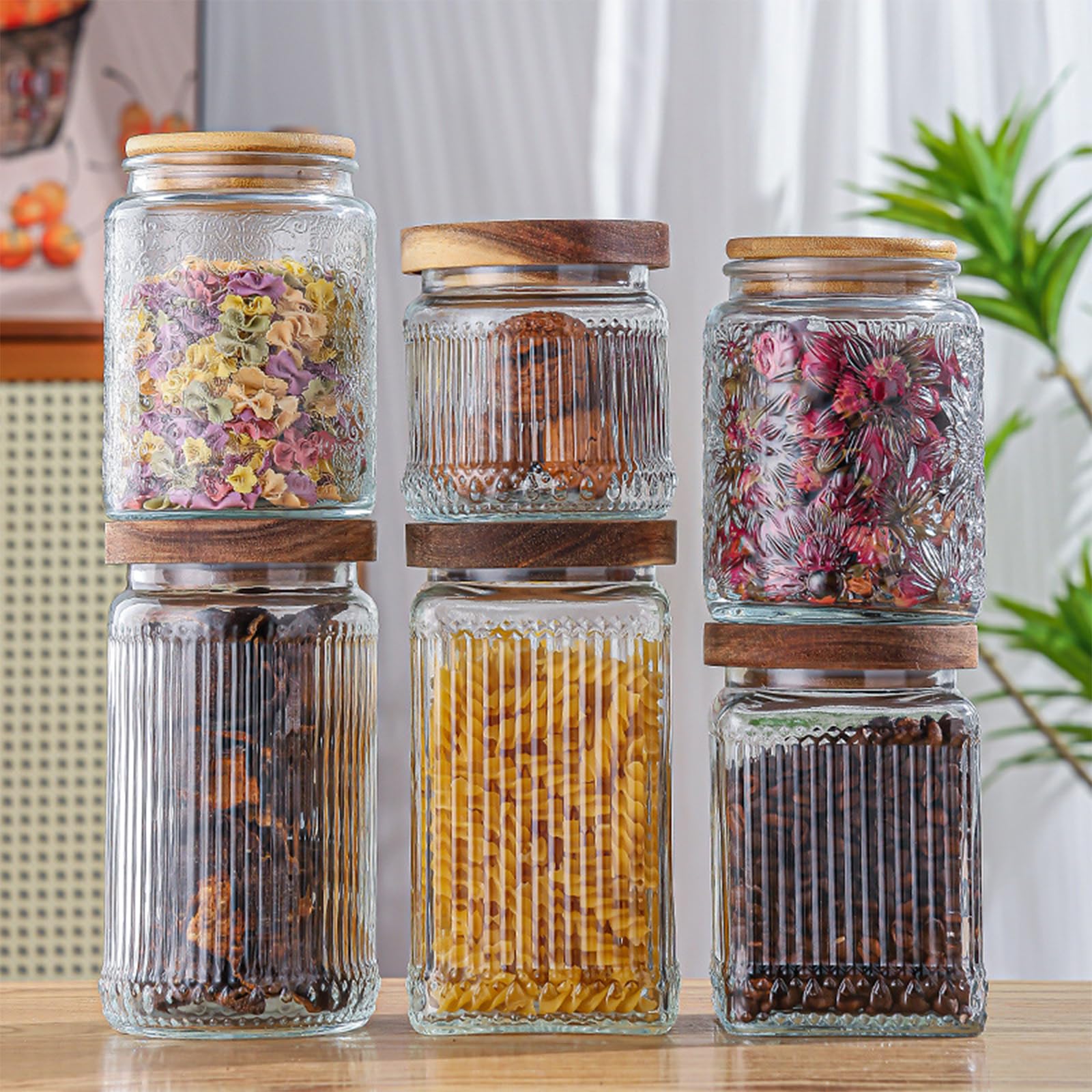 soulnioi Glass Jar with Lid Glass Containers With Bamboo Lids,Striped Glass Jar,Coffee Storage,Decorative Container Tea & Coffee Bean Sealer Acacia Wood Glass Storage Jar 500ml - Image 3