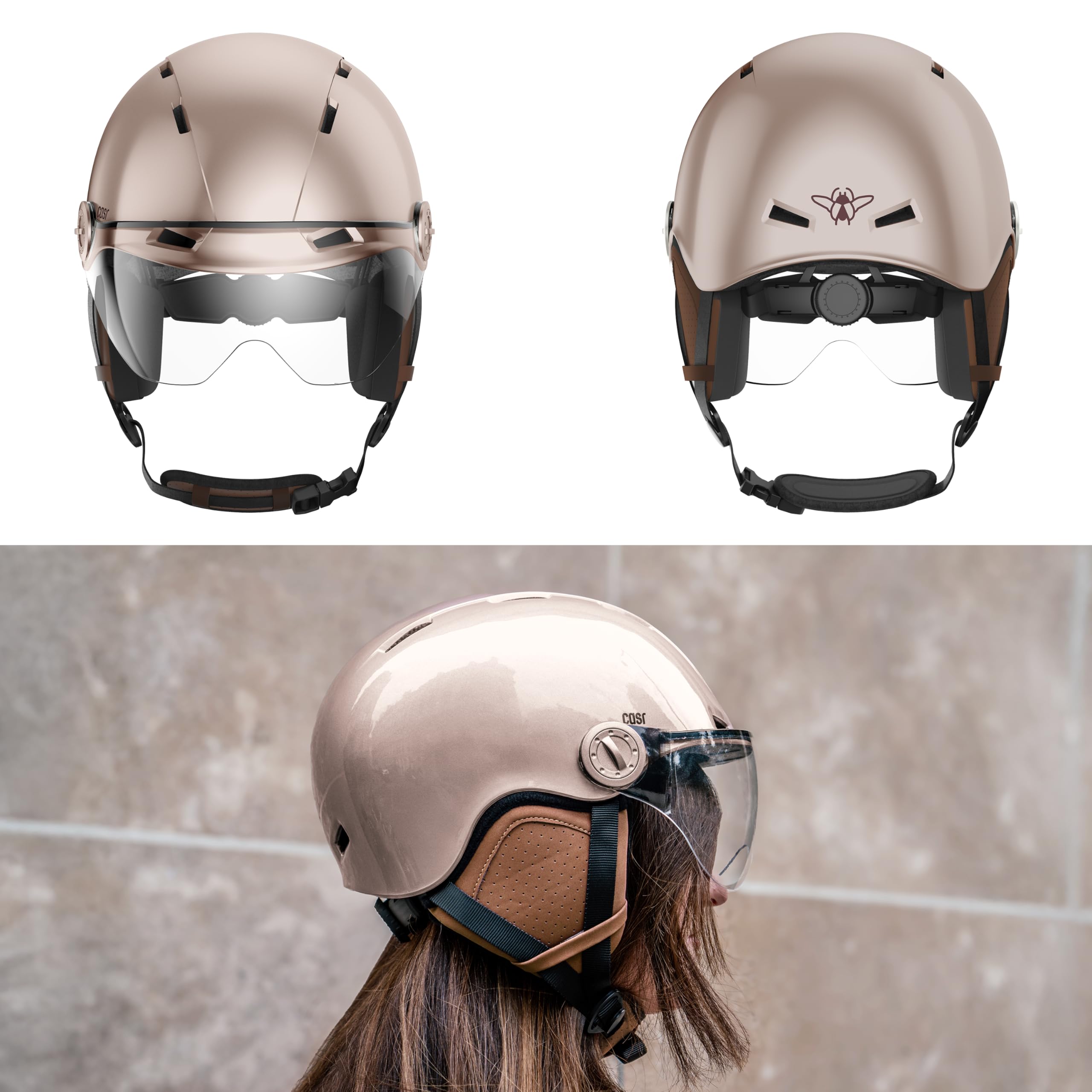 CASR Style Fahrradhelm Damen Herren mit Visier, Fahrradhelm Erwachsene – Urban Helm E-Bike, Roller, Tretroller, Skaterhelm, abnehmbare Ohrpolster, atmungsaktiv, verstellbar, leicht, Größe M, Rosa