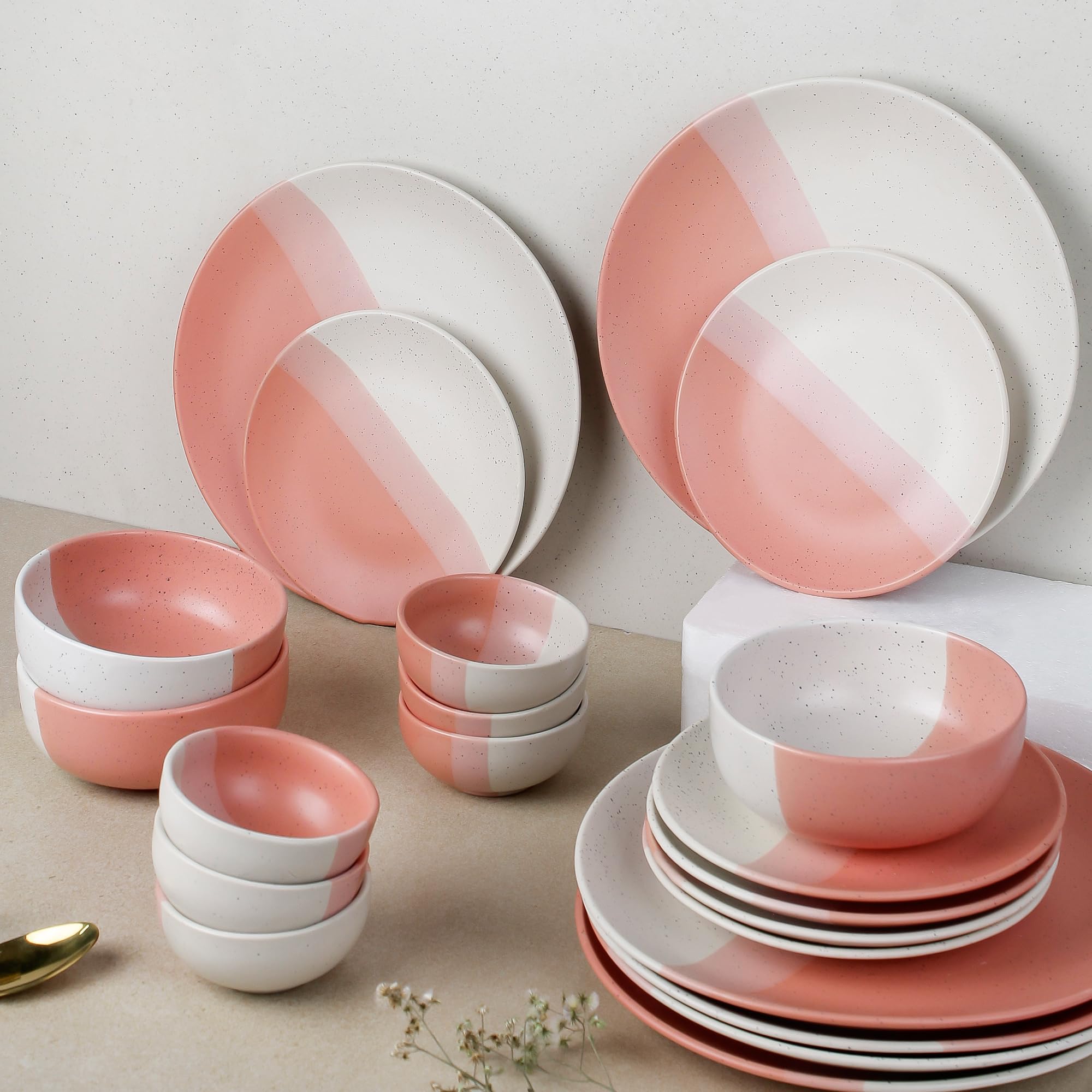 The Earth Store Handcrafted TT Pink Matte Ceramic Dinner Set, 21 Pieces Serving for 6, Microwave and Dishwasher Safe, Bone-Ash Free, Crockery Set for Dining and Gifting