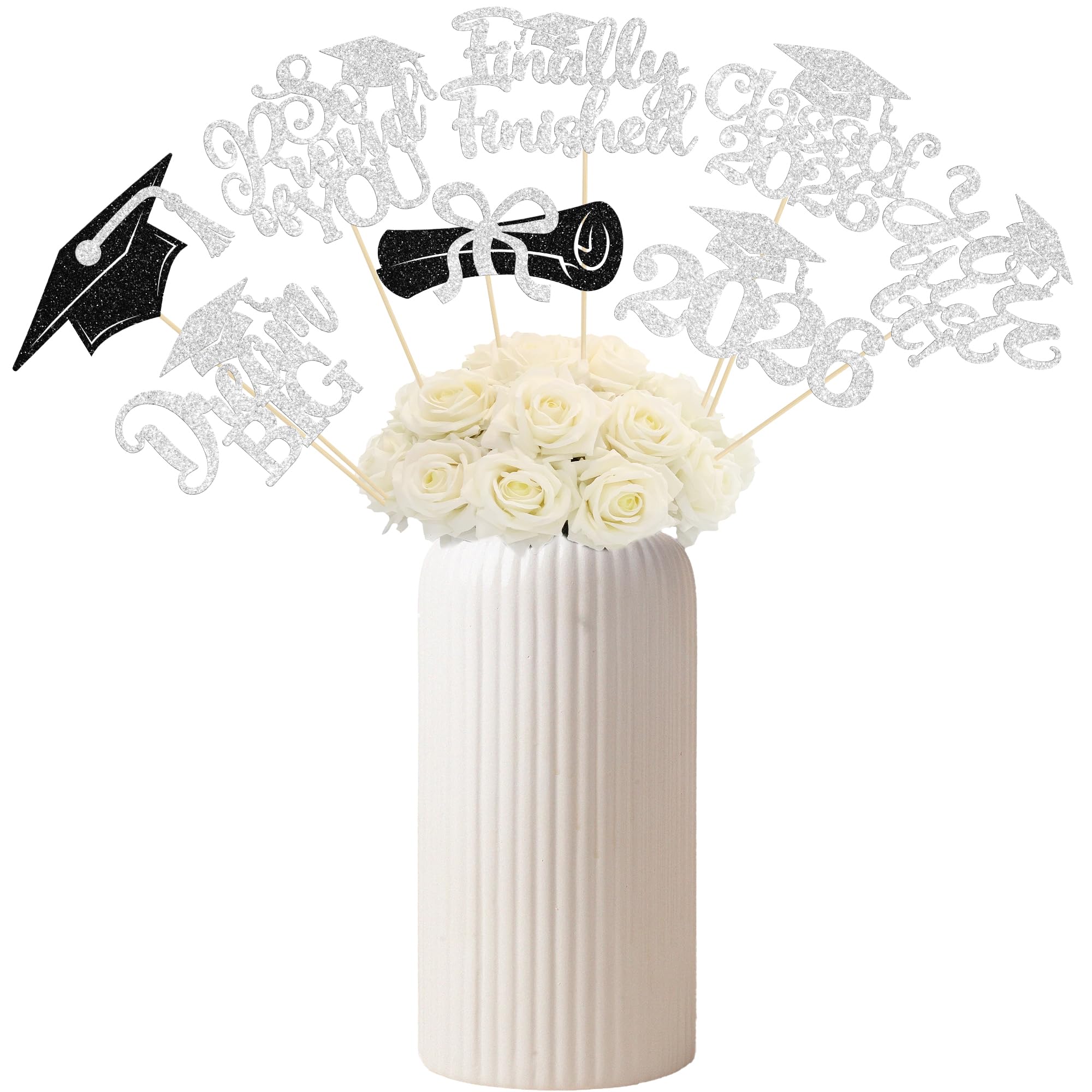 Gyufise 16Pcs Prom 2026 Centerpiece Sticks Class of 2026 Table Flower Centerpieces Sticks Congrats Grad Party Decorations for 2026 Graduation College Prom Party Supplies Silver