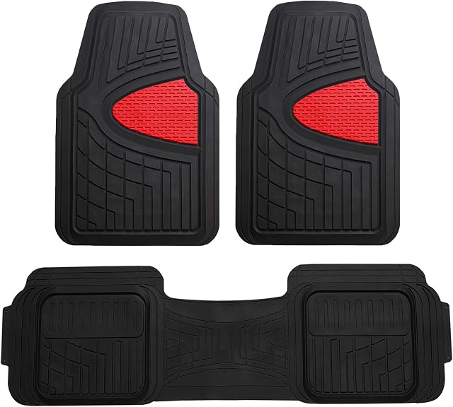 FH Group Tapis de plancher de voiture - Tapis de sol en caoutchouc résistant pour voitures, Ensemble complet universel d'ajustement, Tapis de plancher automobile trimmable, Tapis pour plancher climaproof pour la plupart des berlines, SUV, Tapis de plancher de camion rouge