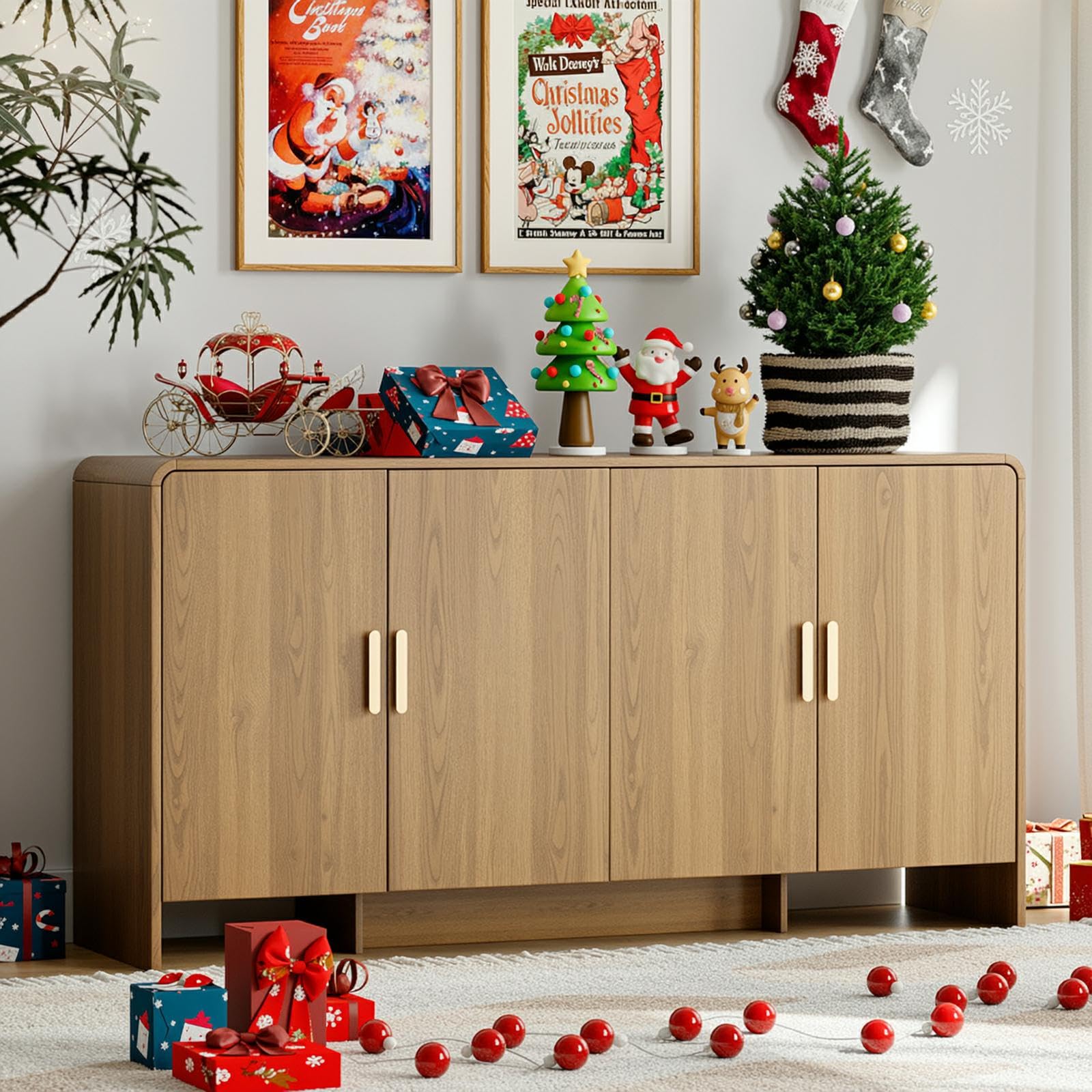 ONBRILL 60" Sideboard Buffet Cabinet with Storage, Curved Design Farmhouse Coffee Bar Cabinet with 4 Doors & Adjustable Shelves for Living Room, Kitchen, Hallway, Oak