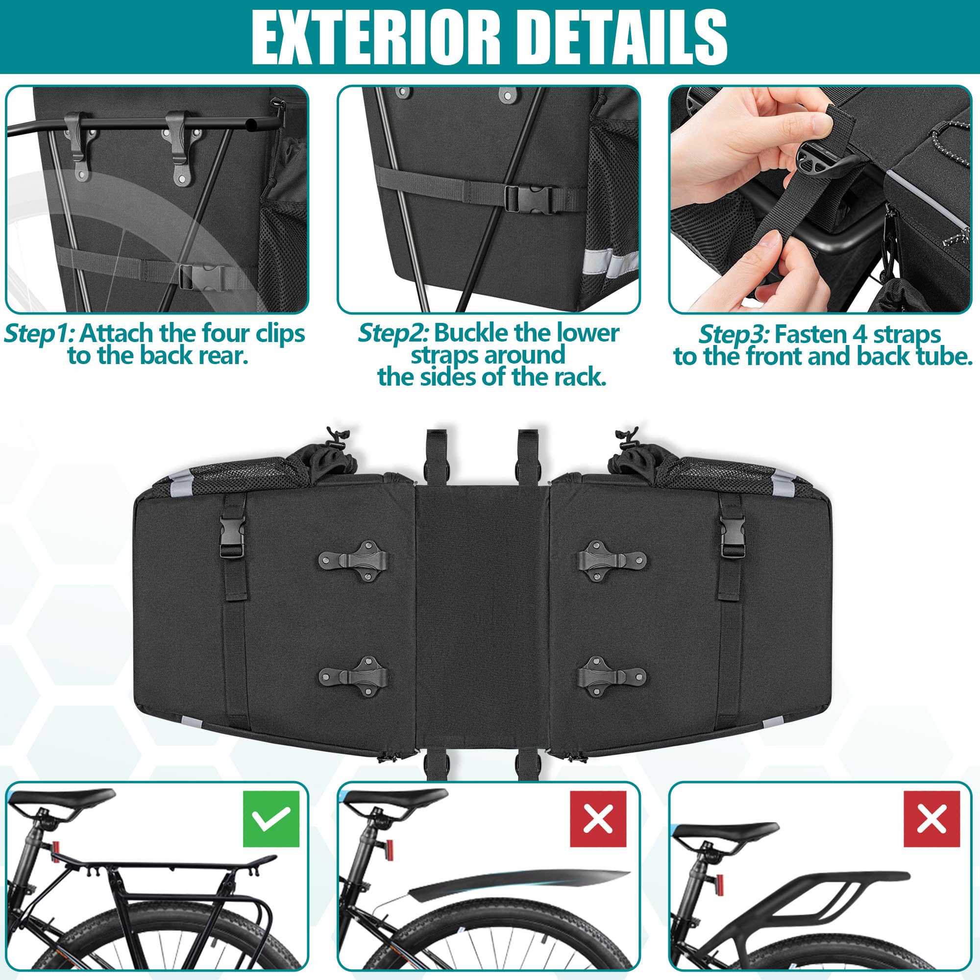 Marscamd Alforjas de bicicleta de 50 litros con cubierta para lluvia, bolsa para sillín de bicicleta con compartimento expandible y múltiples bolsillos, color negro