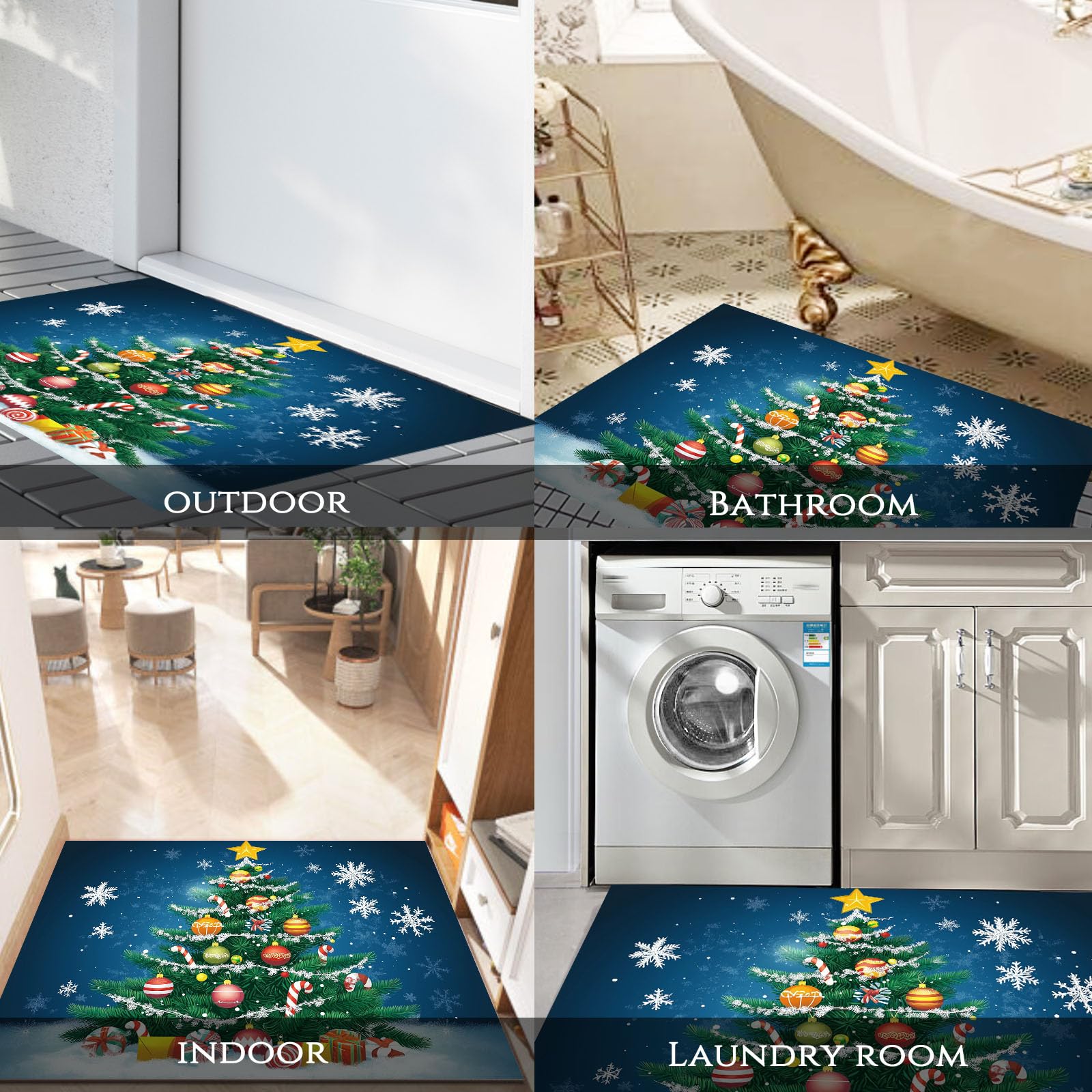 Fußmatte Bunte Weihnachtskugeln grünes Weihnachtsbaumdesign, Türmatte rutschfest Waschbar, Weihnachts Fussmatte Innen und Außen, Blau Farbgebung Weihnachts Fußmatte Winter, 90 x 150 cm
