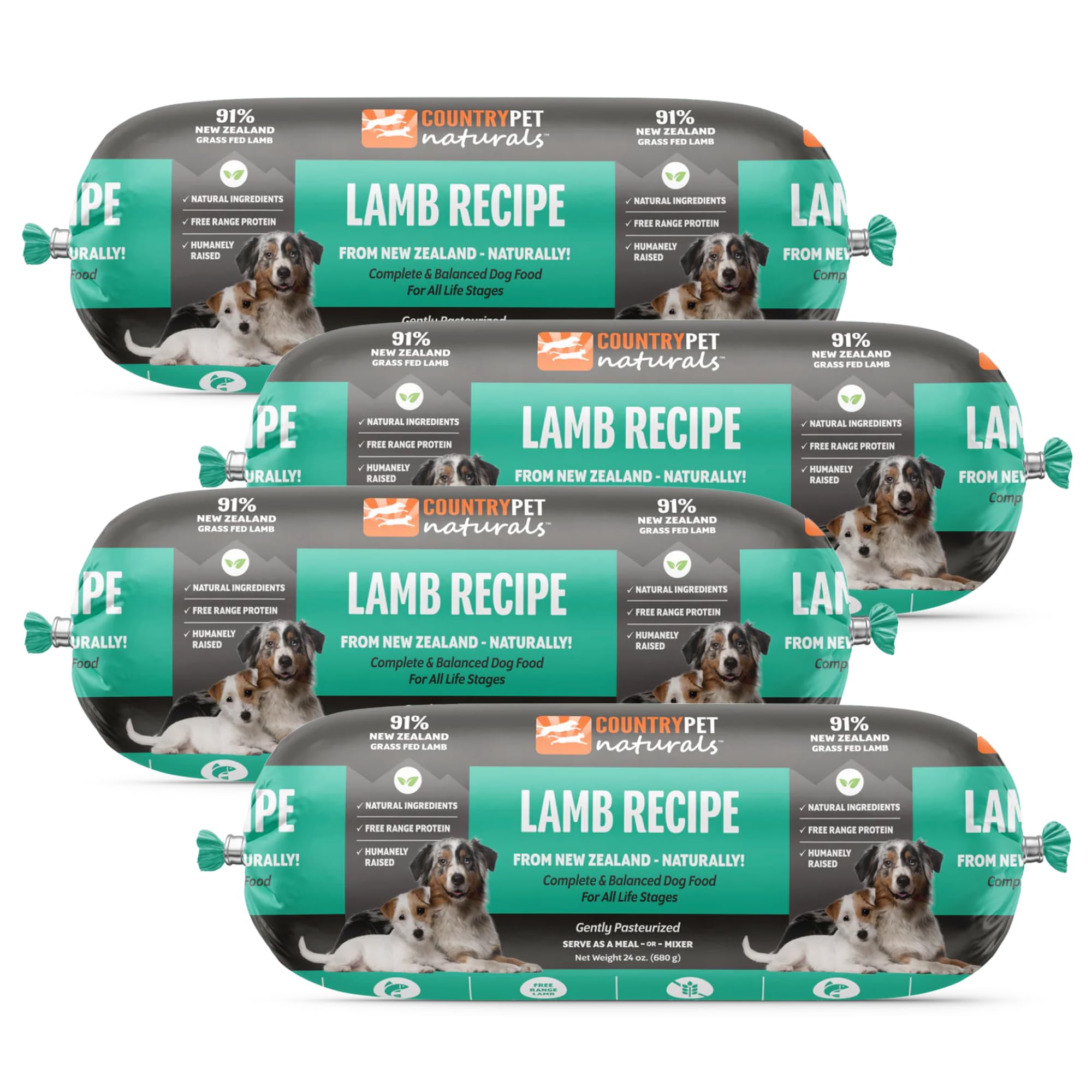New Zealand Lamb Frozen Fresh Dog Food, High-Protein 91% Grass-Fed Free-Range Meat, Gently Cooked, Grain-Free, Omega-3s, 4-Pack (6 lb)