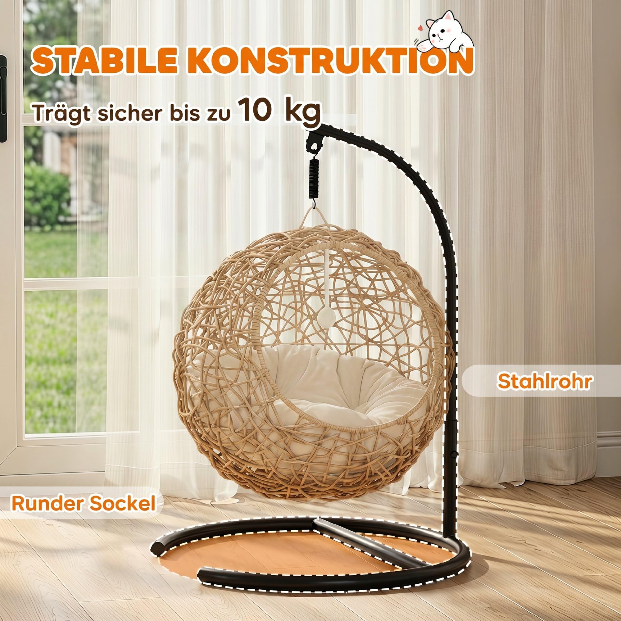 PawHut Cama para gatos de ratán con cojín lavable y pelota de juego, cesta colgante con estructura, casa para gatos de hasta 10 kg, 45 x 41 x 75 cm, marrón claro