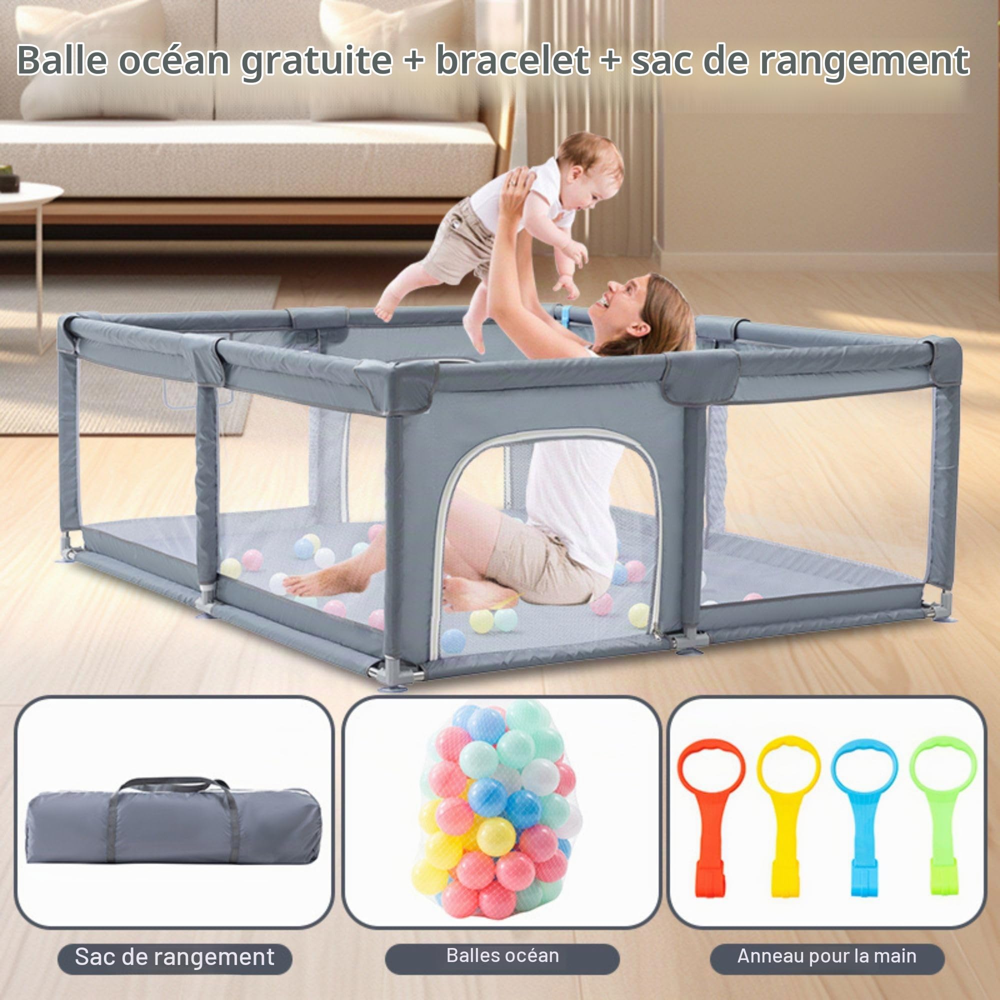 YAZOCO Parc Bébé,120x180cm, modulable, grand parc pour enfant en bas âge, Balle marine sac de rangement, crochet, pour la maison (120x180cm)