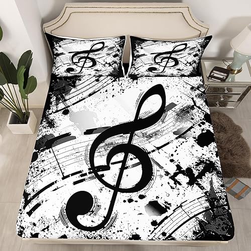 Miniatura 16 de Manfei Sábana bajera ajustable musical tamaño individual, juego de ropa de cama con estampado de notas musicales retro para niños y niñas, Marrón y