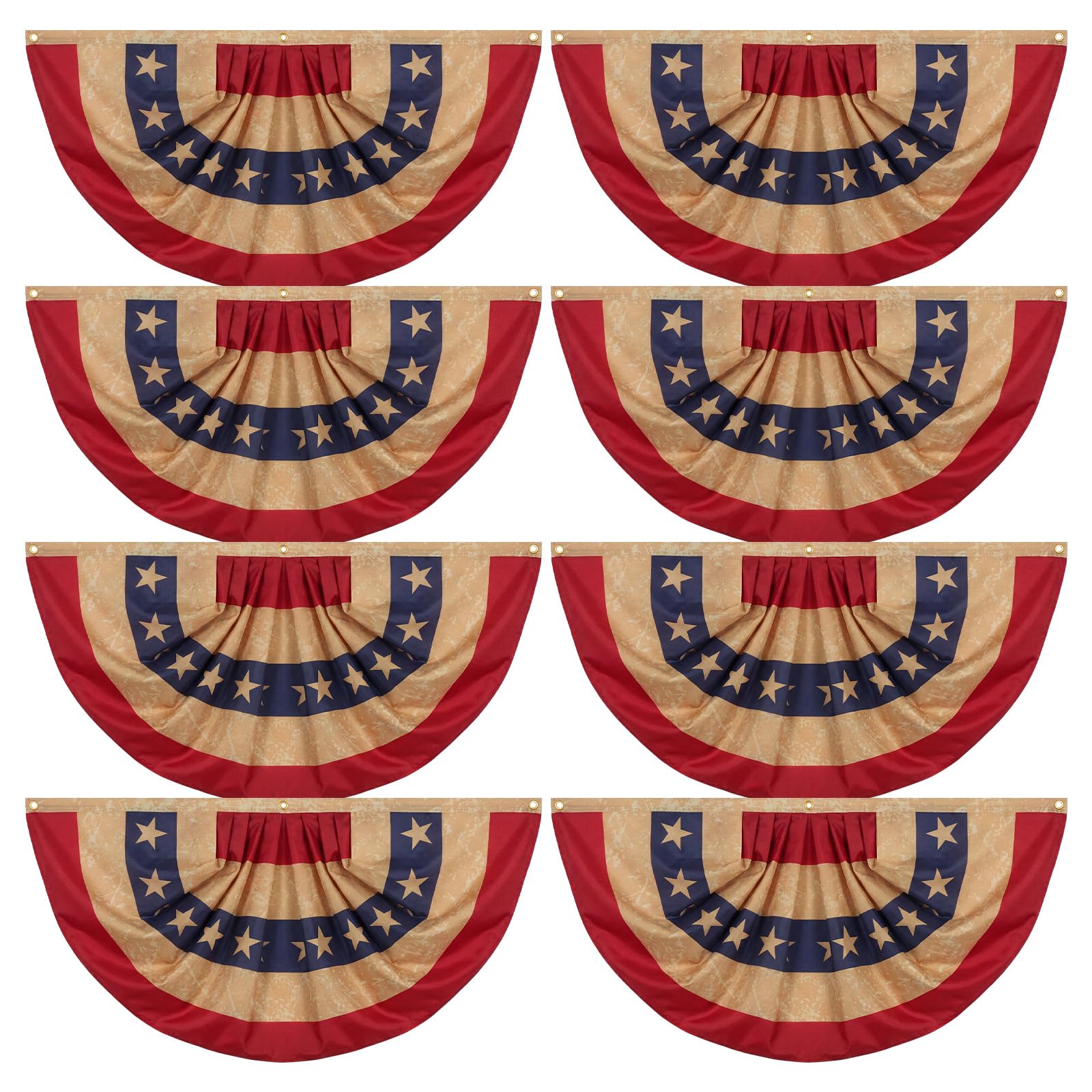 Photo 1 of Fanfanwin 8 Pcs 1.5x3 ft Tea Stained Patriotic Bunting Flags 250th Anniversary Patriotic Decoration Hanging American Half Fan Flag Banner for Outside Independence Day Memorial Day with Brass Grommet
