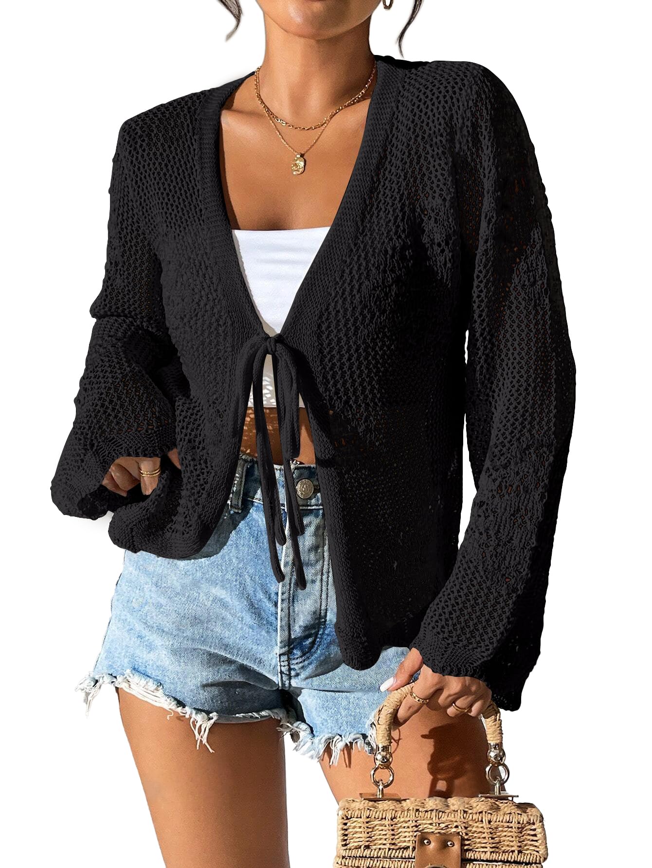 Womens Tie Front Lightweight Crochet Cardigan Shrugs Knit Cardigan Crop Tops Cover Up
