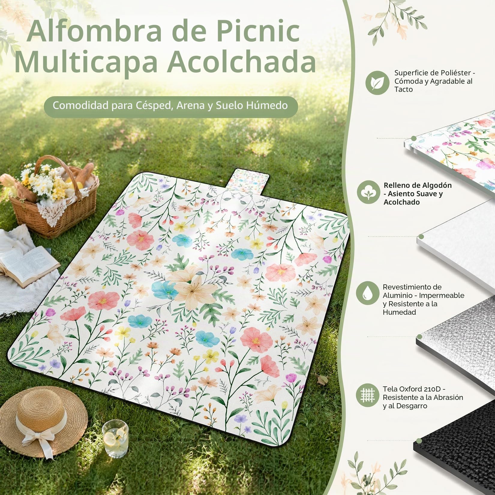 Manta de picnic 200x200 cm, Manta de picnic extra grande impermeable lavable a máquina, alfombra de playa apta para picnic en la playa, camping y jardín (flores)