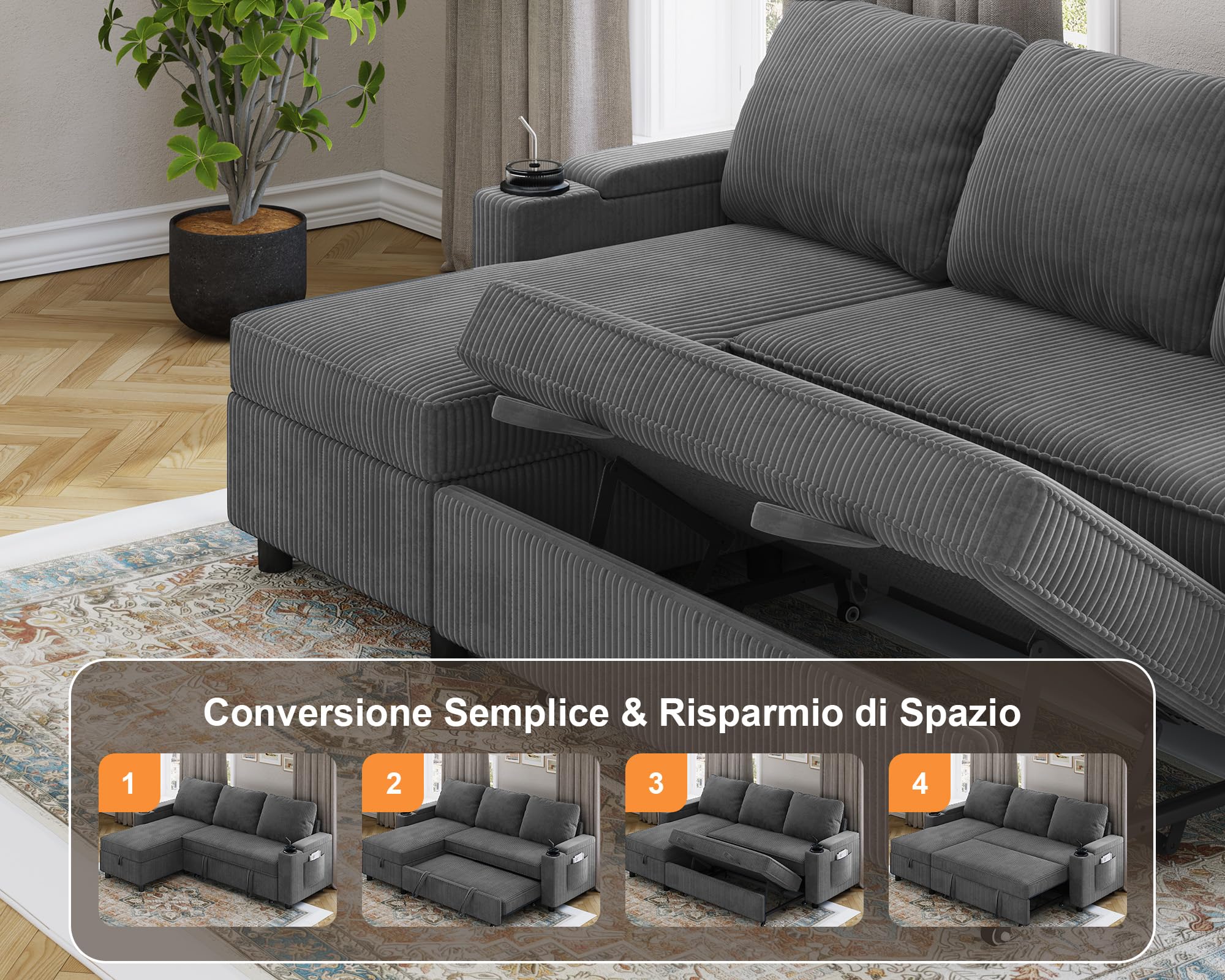 Devoko Divano Letto Chaise Longue a Forma di L, Divano da Salotto Cheslong a 3 Posti Convertibile in Letto, con Contenitore Integrato e Portabicchieri, Tessuto Morbido Beige Grigio Scuro