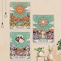 Vista 7 de Aipon Tapices de tarot, lindos tapices de cartas del tarot, paquete de 3 tapices estéticos pequeños de sol, luna, estrella, flor floral verde, tapiz