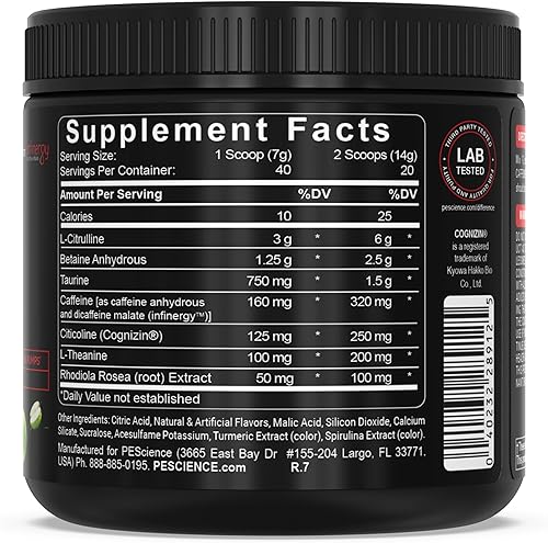 Miniatura 18 de PEScience Prolific - Polvo de preentrenamiento para hombres y mujeres con refuerzo de óxido nítrico L-citrulina, polvo energético y nootrópico para