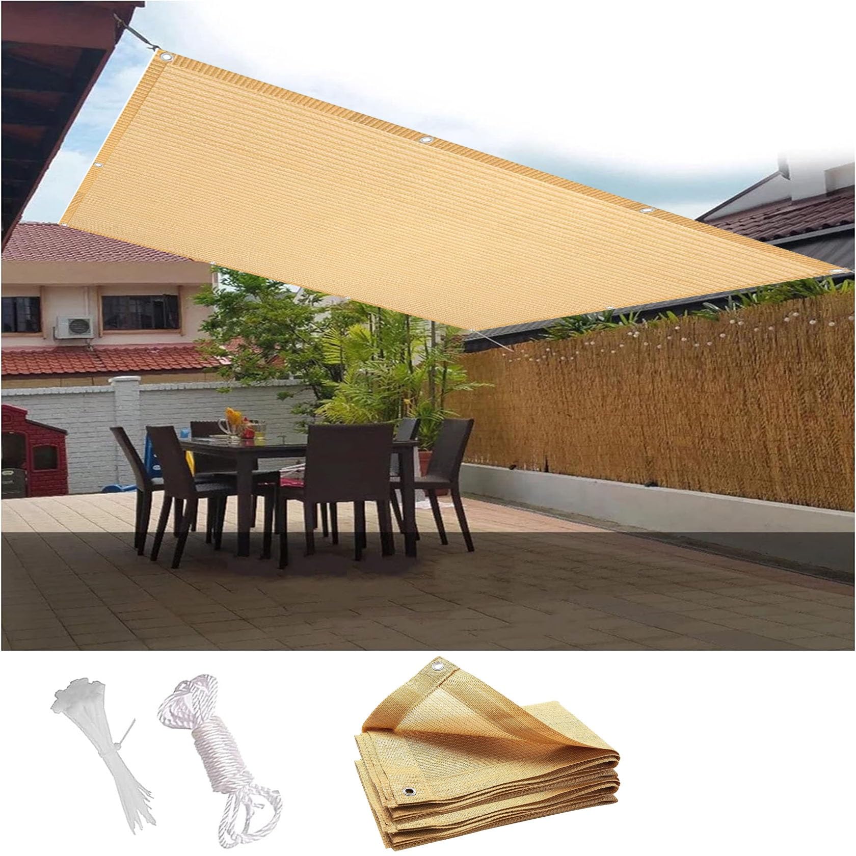 Tenda a Vela Rettangolare 1.8 x 5 m Protezione Raggi UV in Tessuto HDPE Vele Ombreggianti Rettangolare con Occhielli Tenda a Vela per Esterno, Giardino, Giallo sabbia