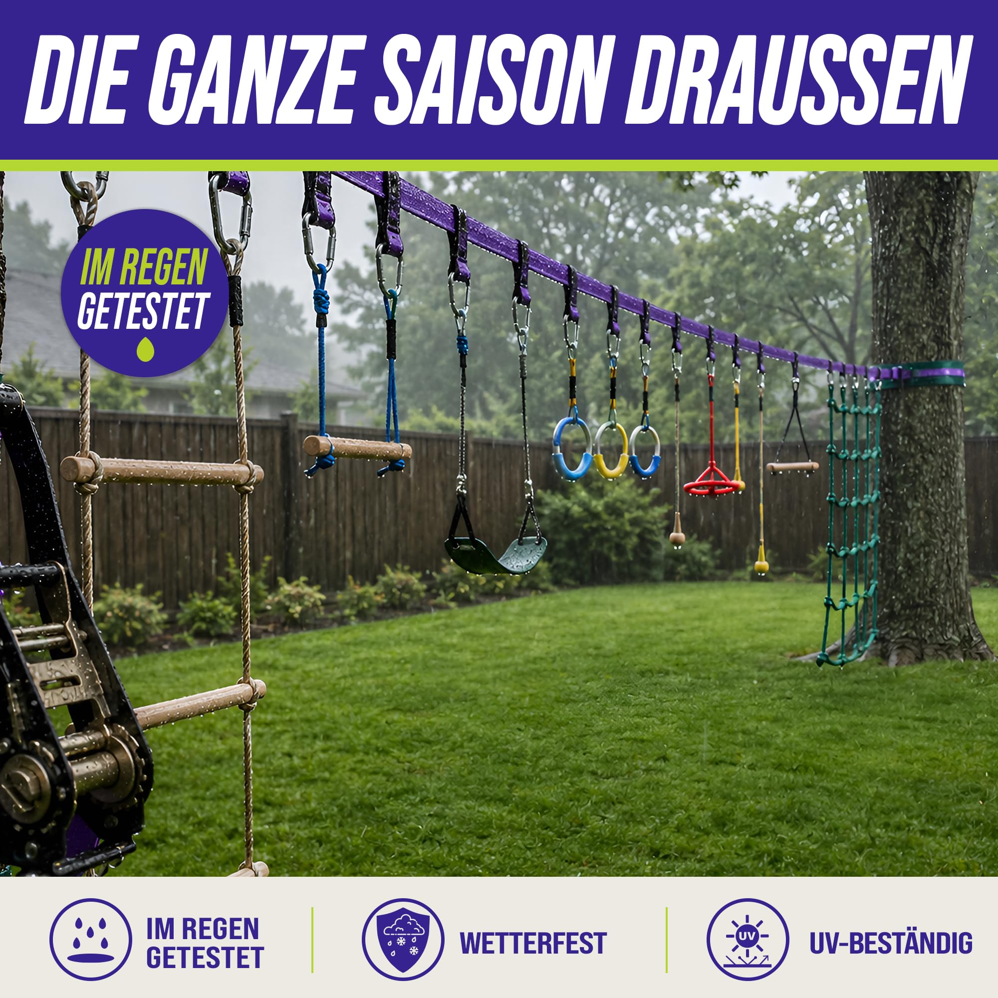 Trailblaze Ninja Warrior Hindernisparcours für Kinder – Fitnessgerät für den Garten mit 2 x 16,8 m Slacklines und 10 wetterfesten Hindernissen – Ninja Parcours für draußen